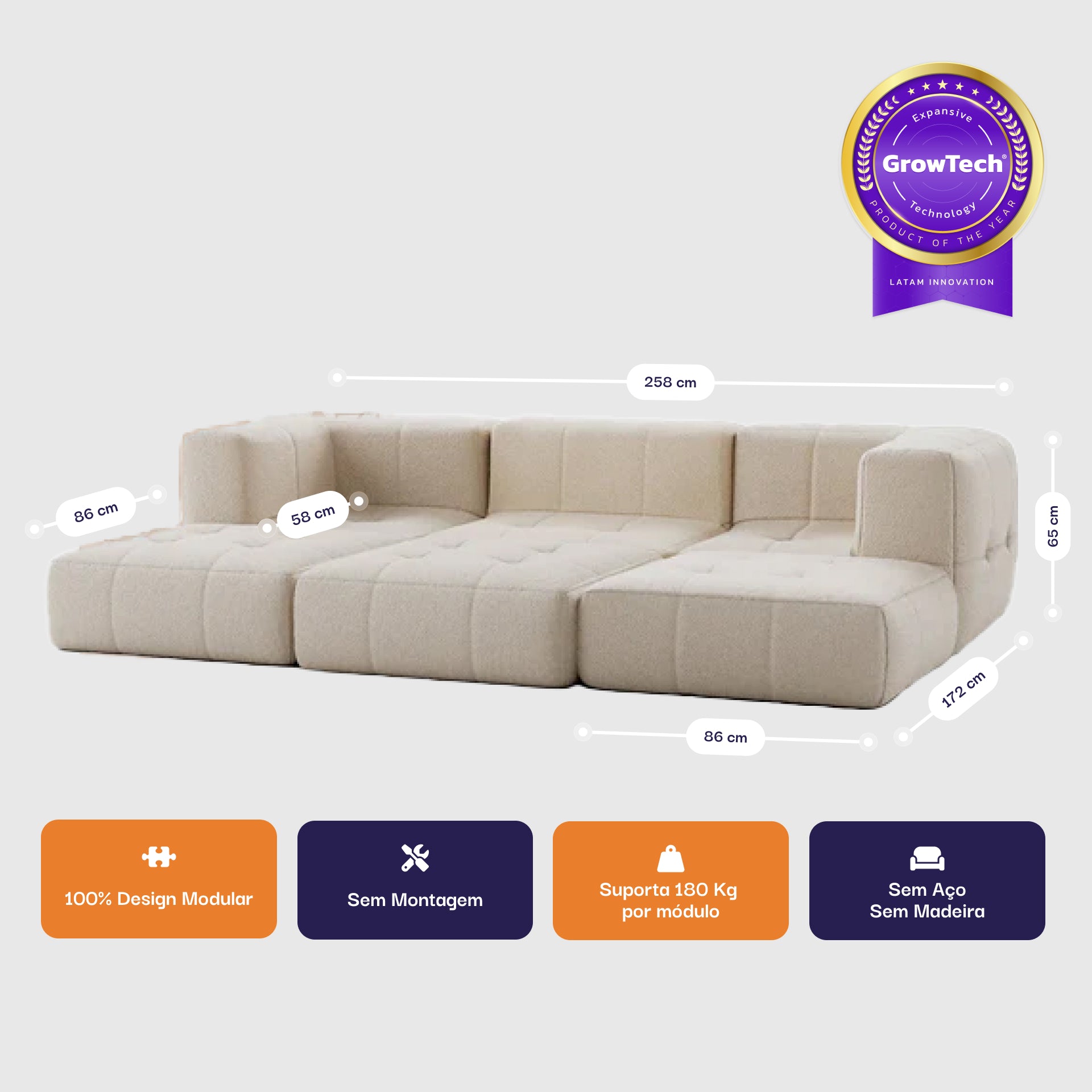 Sofá na Caixa modular 3 lugares em Boucle com 3 Chaises - Linho