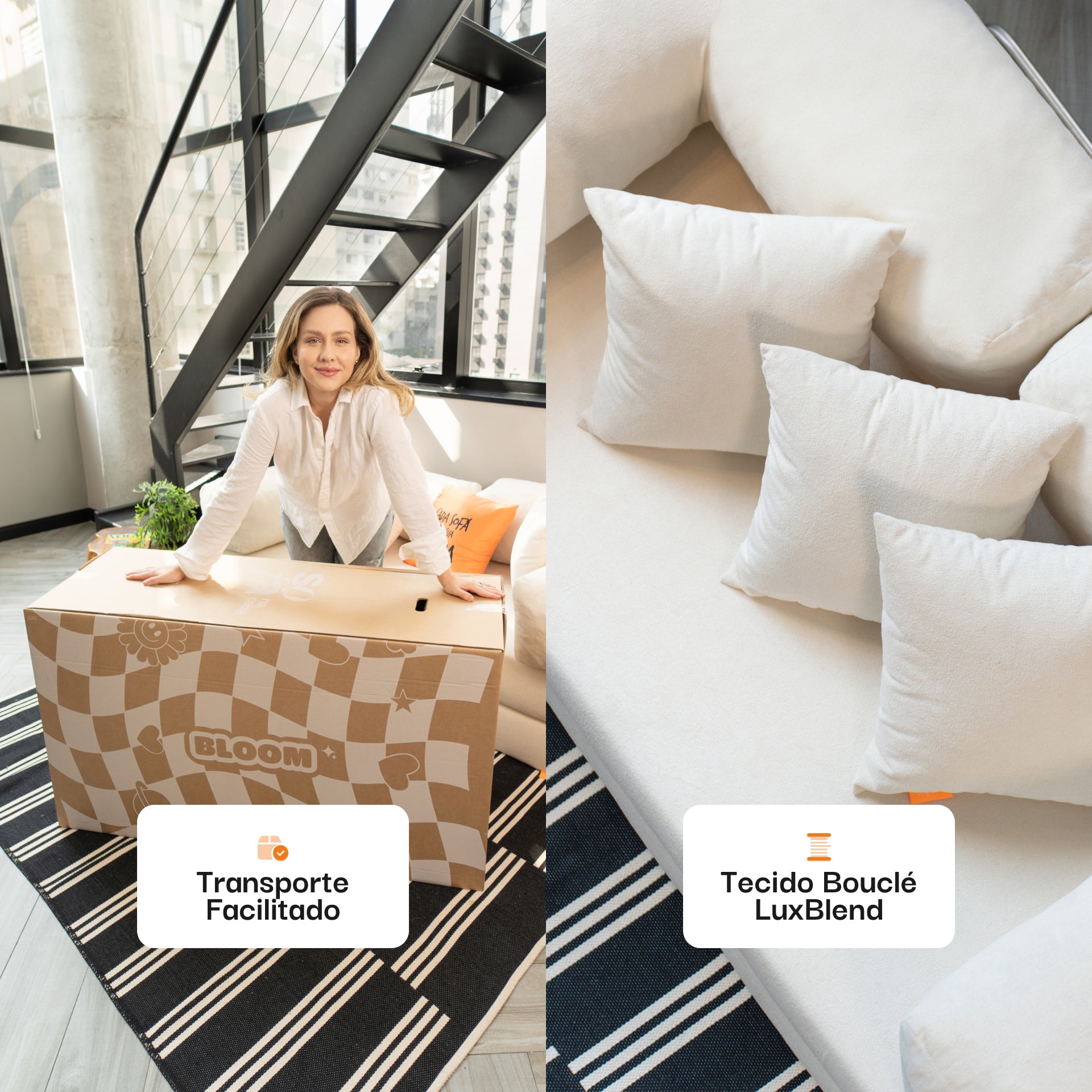 Sofá Cama Bloom - Sofá na Caixa + Apoio de Pé Bloom Tecido Boucle Laranja