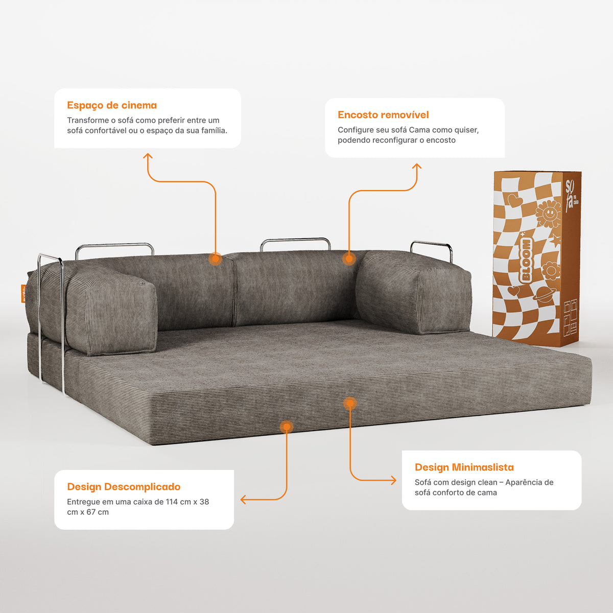 Sofá Cama Bloom - Sofá na Caixa + Poltrona Bloom Tecido Boucle Cinza · detalhe na cor cinza · vista 7
