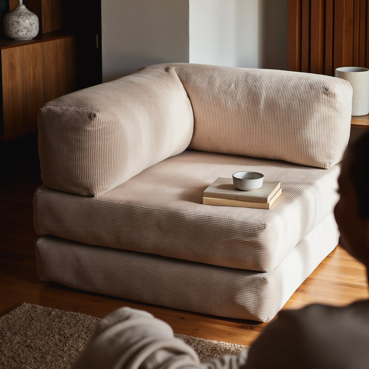 Poltrona do Sofá Cama Bloom Tecido Boucle Laranja - Sofá na Caixa · em tecido linho · vista 3