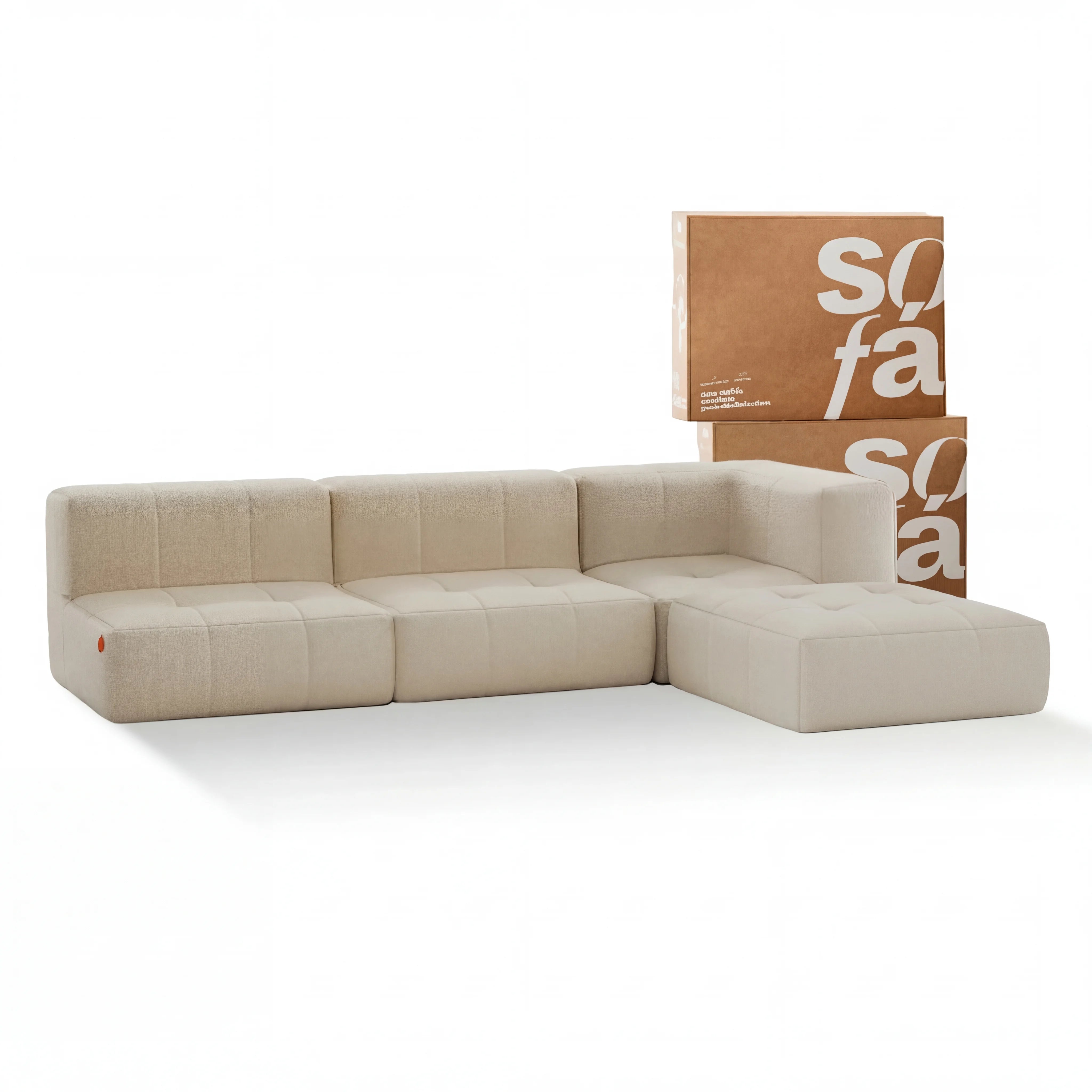 Sofá na Caixa modular 3 lugares em Boucle - 1 Braço com Chaise - Linho