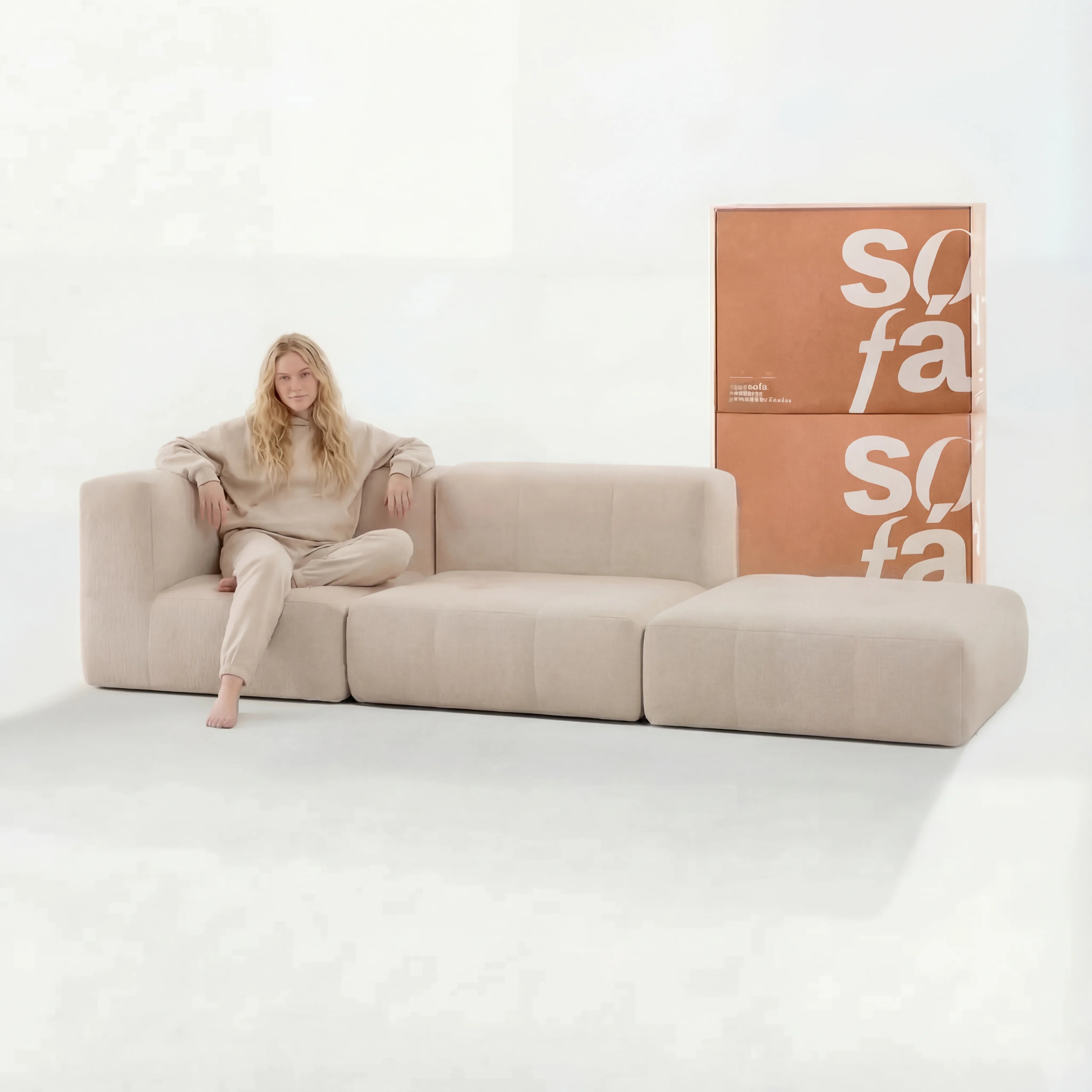 Sofá na Caixa modular 2 lugares em Boucle - 1 Braço com Apoio de pé - Linho