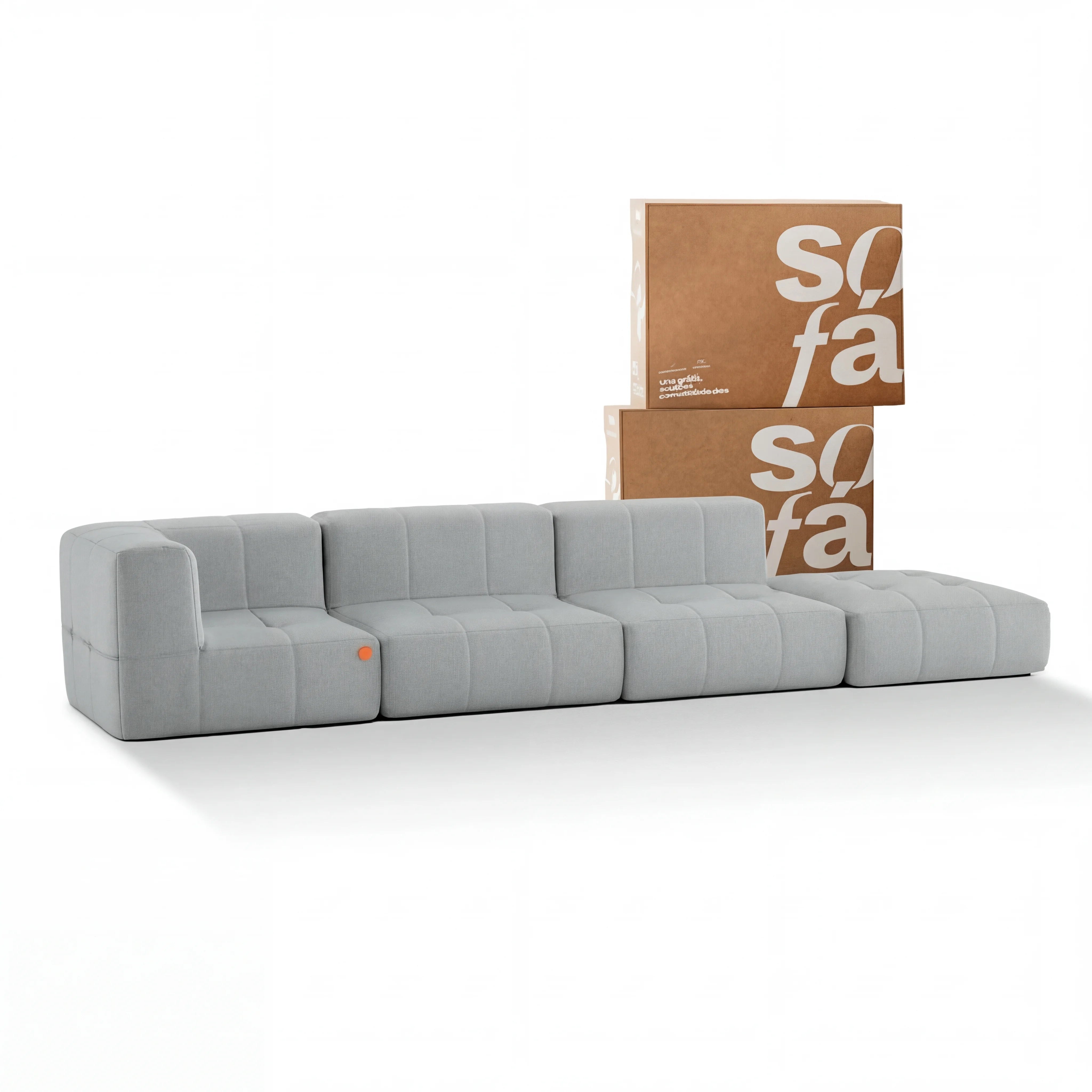 Sofá na Caixa modular 3 lugares em Boucle - 1 Braço com Chaise - Cinza