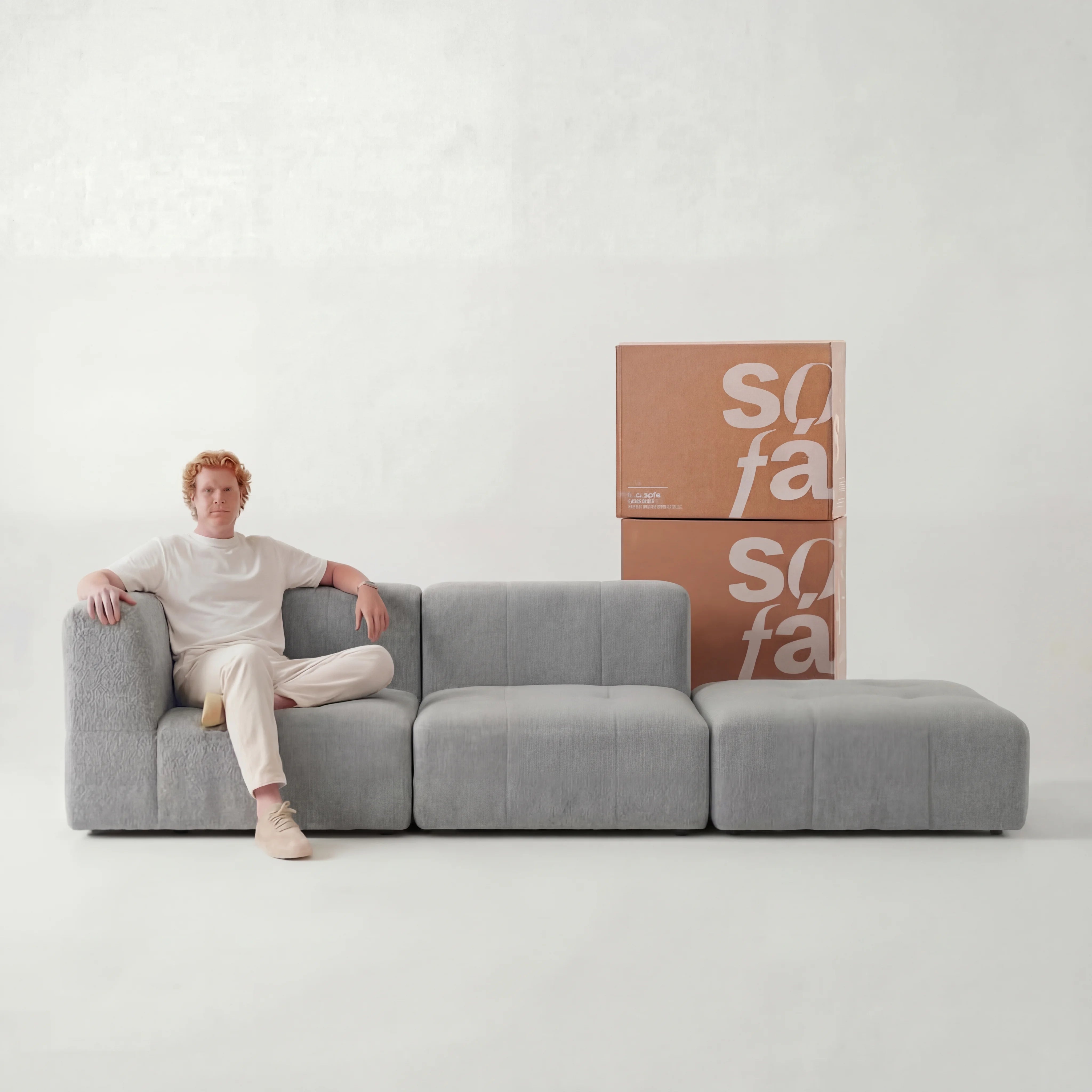 Sofá na Caixa modular 2 lugares em Boucle - 1 Braço com Apoio de pé - Cinza