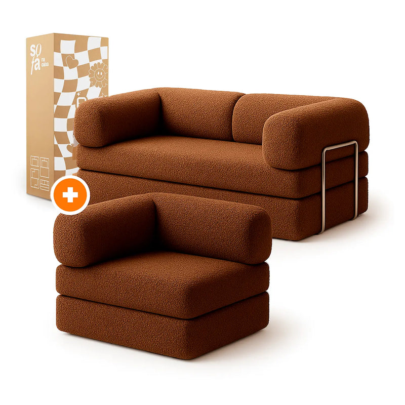 Sofá Cama Bloom - Sofá na Caixa + Poltrona Bloom Tecido Boucle Marrom · detalhe na cor marrom