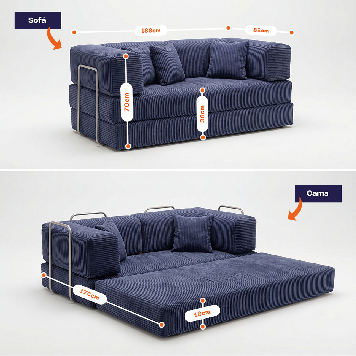 Sofá Cama Bloom Tecido Cotelê Azul Marinho - Sofá na Caixa