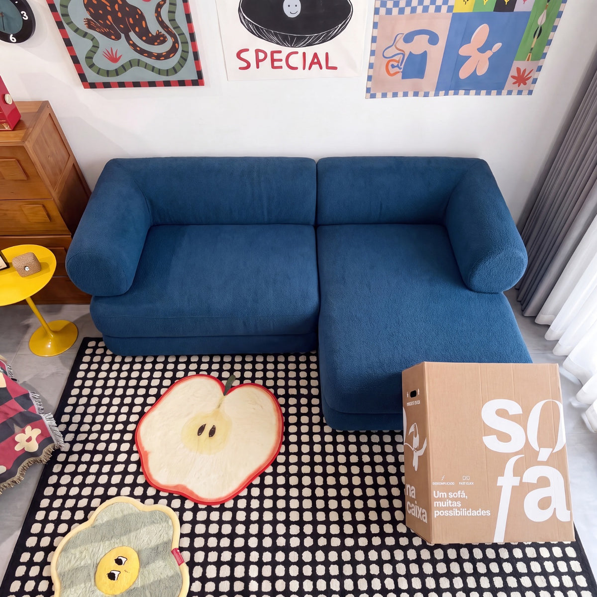 Sofá Cama Nest Tecido Boucle Azul - Sofá na Caixa