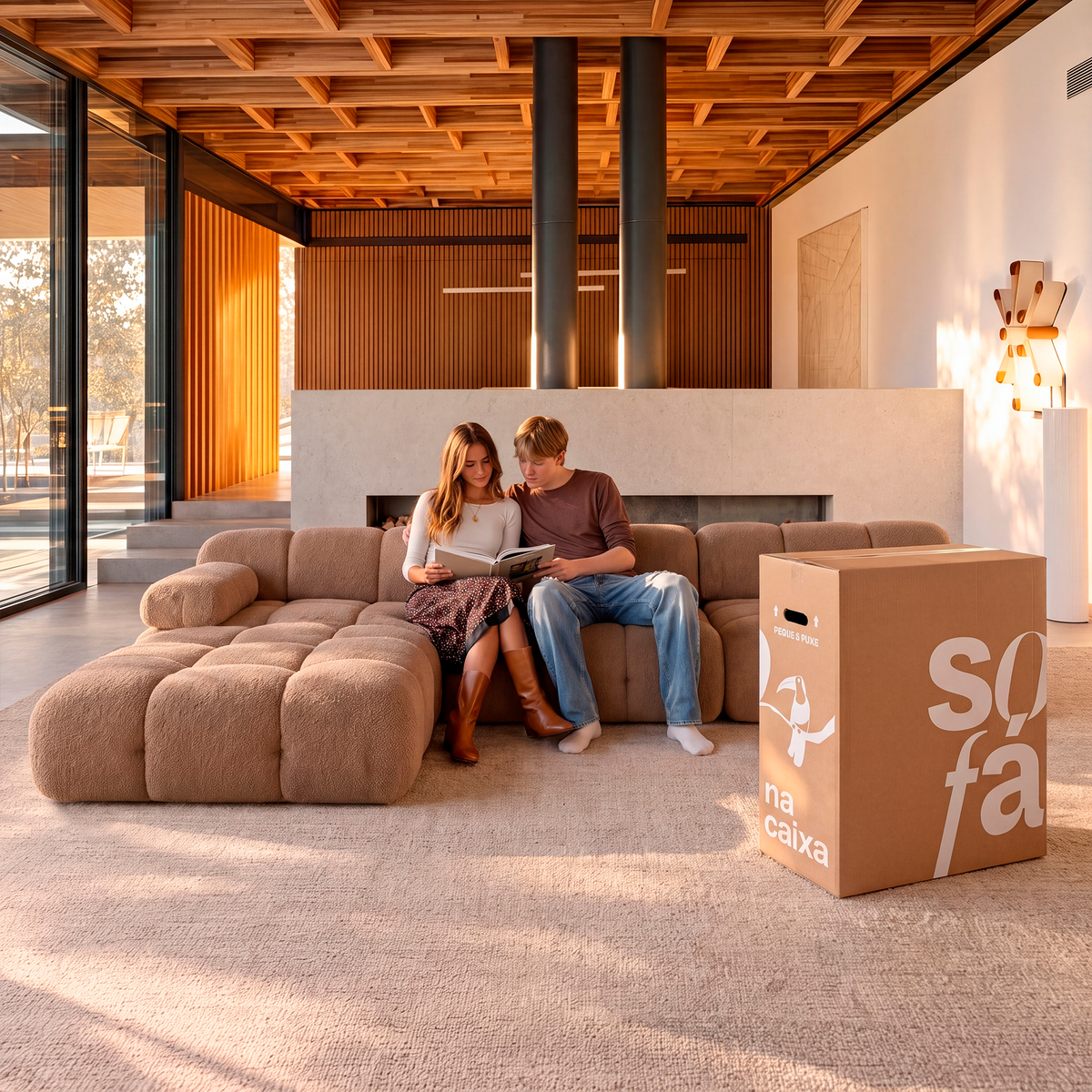 Sofá na Caixa Gummy 3 lugares em Boucle com 1 Apoios de pé - Marrom