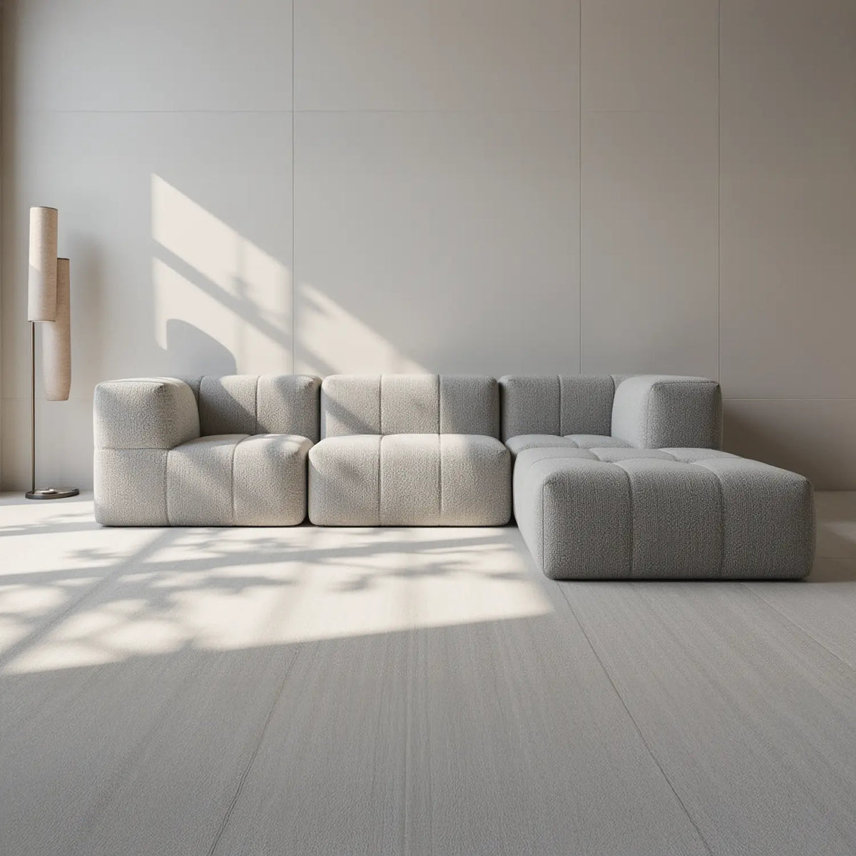 Sofá na Caixa modular 4 lugares em Boucle com 1 chaise - Cinza · detalhe na cor cinza · vista 7