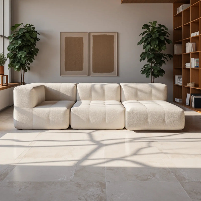 Sofá na Caixa modular 4 lugares em Boucle com 1 chaise - Linho · em tecido linho