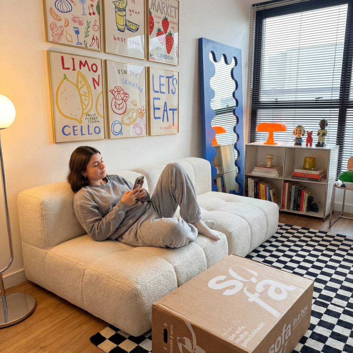 Sofá na Caixa modular 2 lugares em Boucle - Sem braço - Linho · vista 10