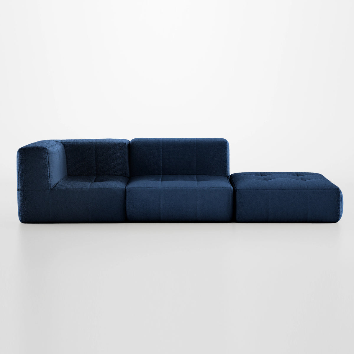 Sofá na Caixa modular 2 lugares em Boucle - 1 Braço com Apoio de pé - Azul · visão geral final