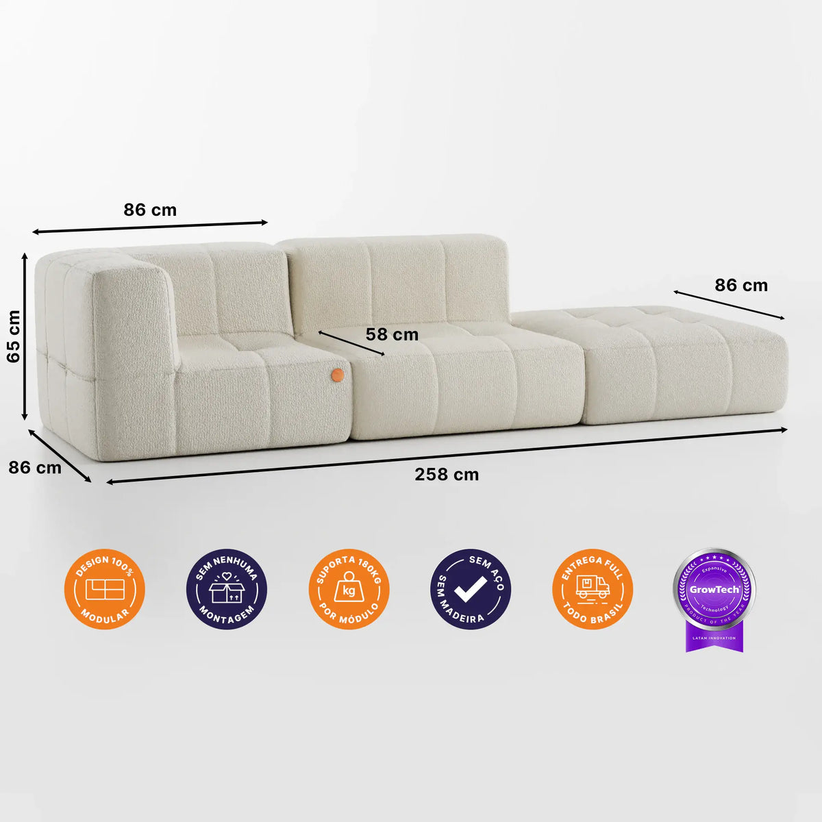 Sofá na Caixa modular 2 lugares em Boucle - 1 Braço com Apoio de pé - Linho · medidas e dimensões