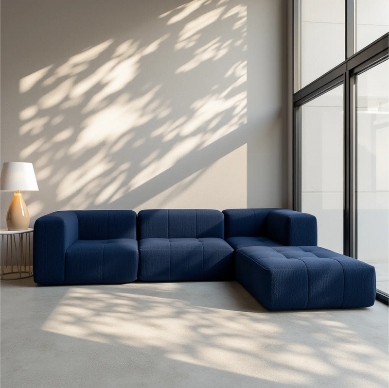 Sofá na Caixa modular 2 lugares em Boucle - 2 Poltronas com Apoio de pé - Azul · detalhe na cor azul