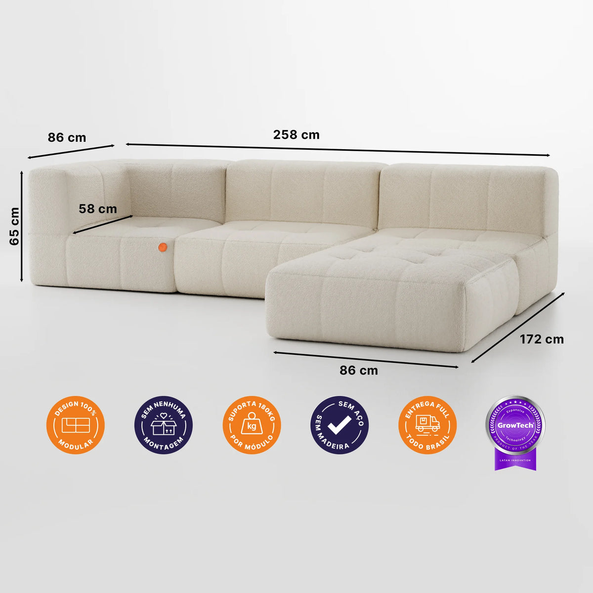 Sofá na Caixa modular 3 lugares em Boucle - 1 Braço com Chaise - Linho · medidas e dimensões