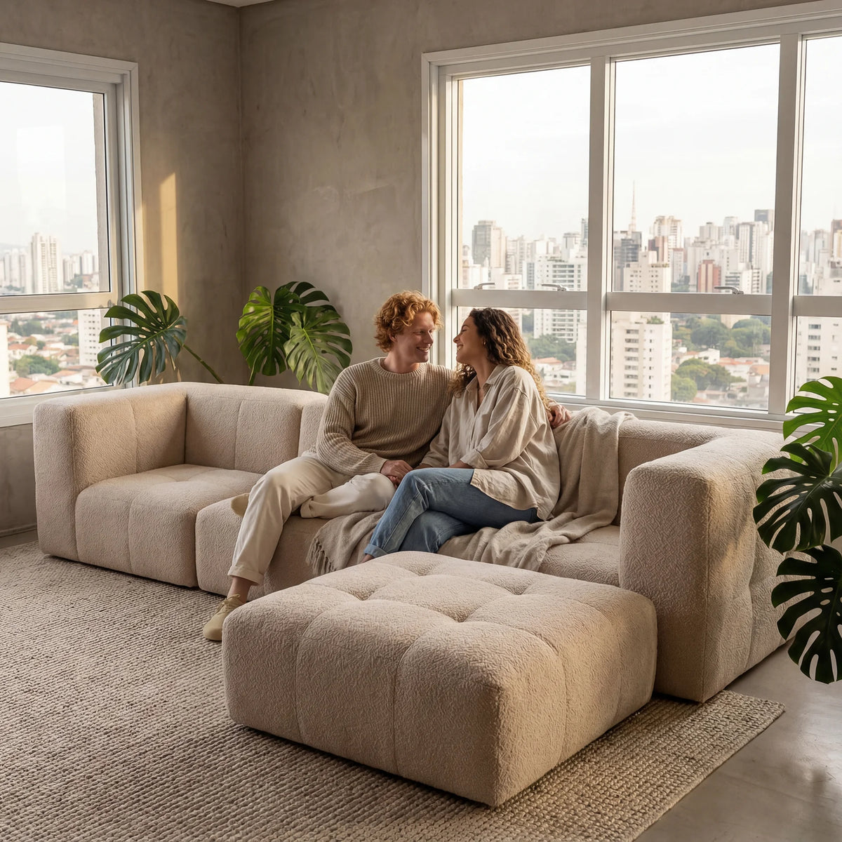 Sofá na Caixa modular 3 lugares em Boucle com Apoio de pé - Linho · vista 6