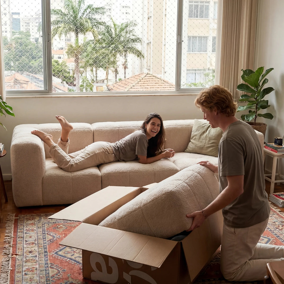 Sofá na Caixa modular 3 lugares em Boucle com Apoio de pé - Linho · vista 8