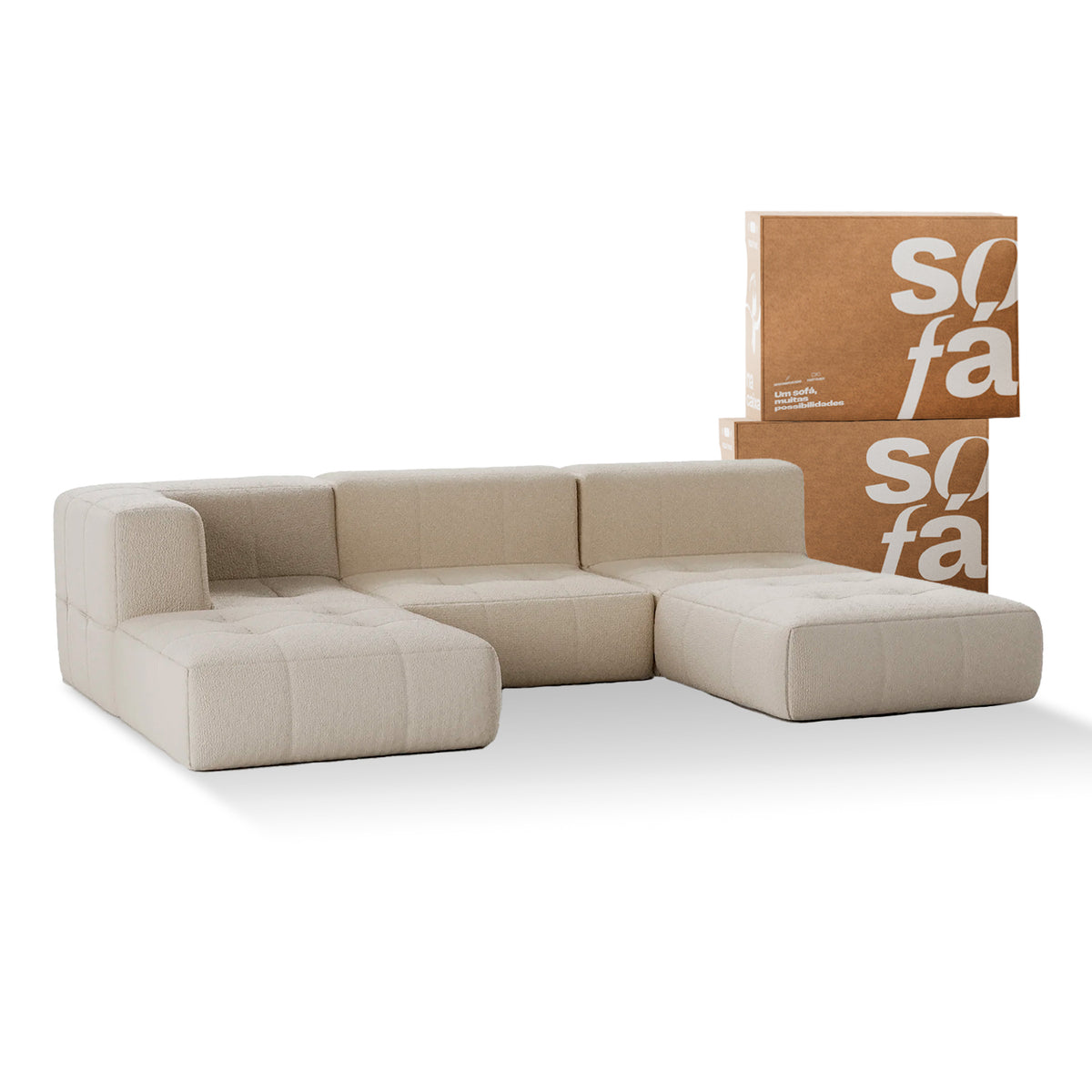 Sofá na Caixa modular 3 lugares em Boucle - 1 Braço com 2 Chaises - Linho