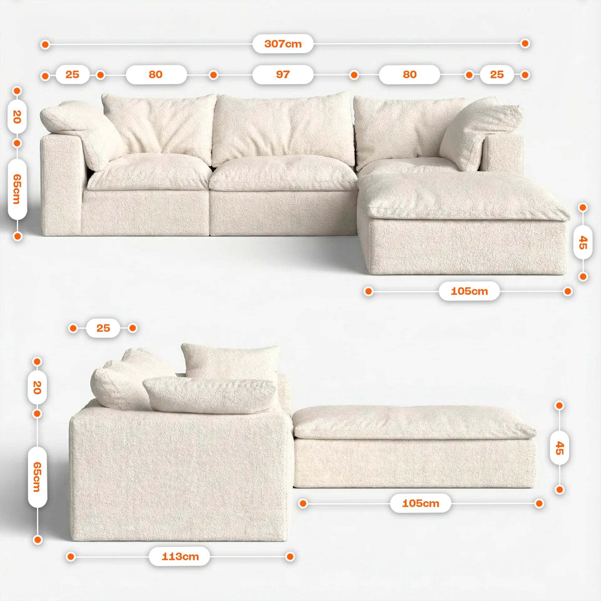 Sofá na Caixa modular Sienna 3 lugares em Boucle com Apoio - Off-White