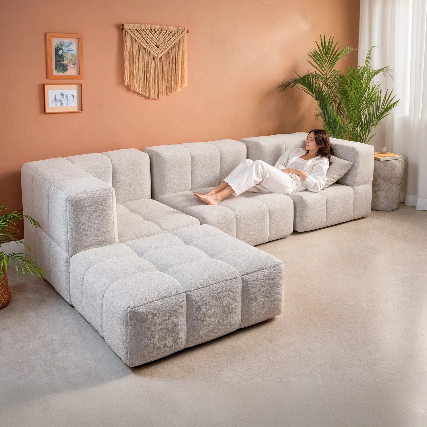 Sofá na Caixa modular 3 lugares em Boucle - 1 Braço com Chaise - Linho