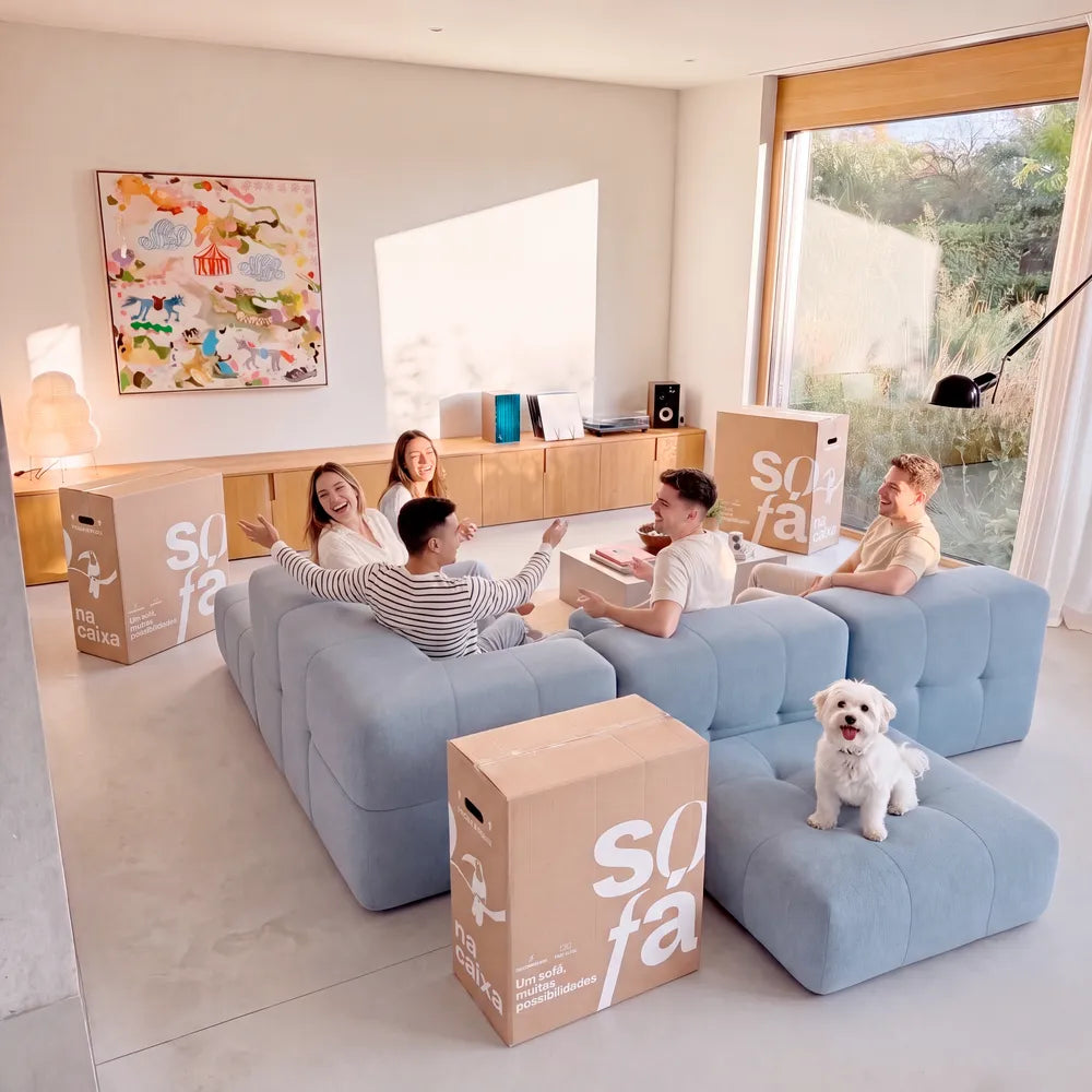 Sofá na Caixa modular 3 lugares em Boucle com 2 Apoios de pé - Azul Claro