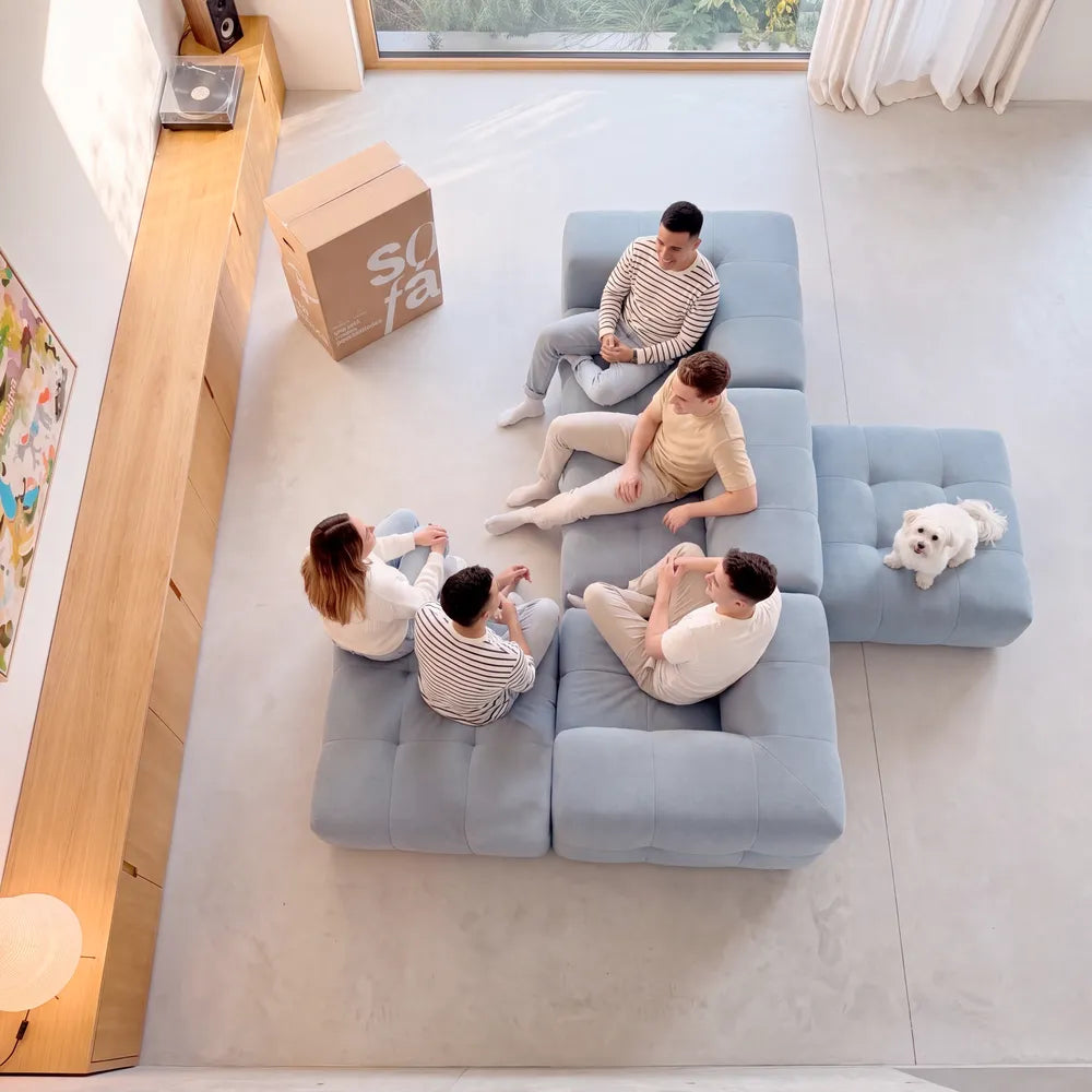 Sofá na Caixa modular 3 lugares em Boucle com 2 Apoios de pé - Azul Claro