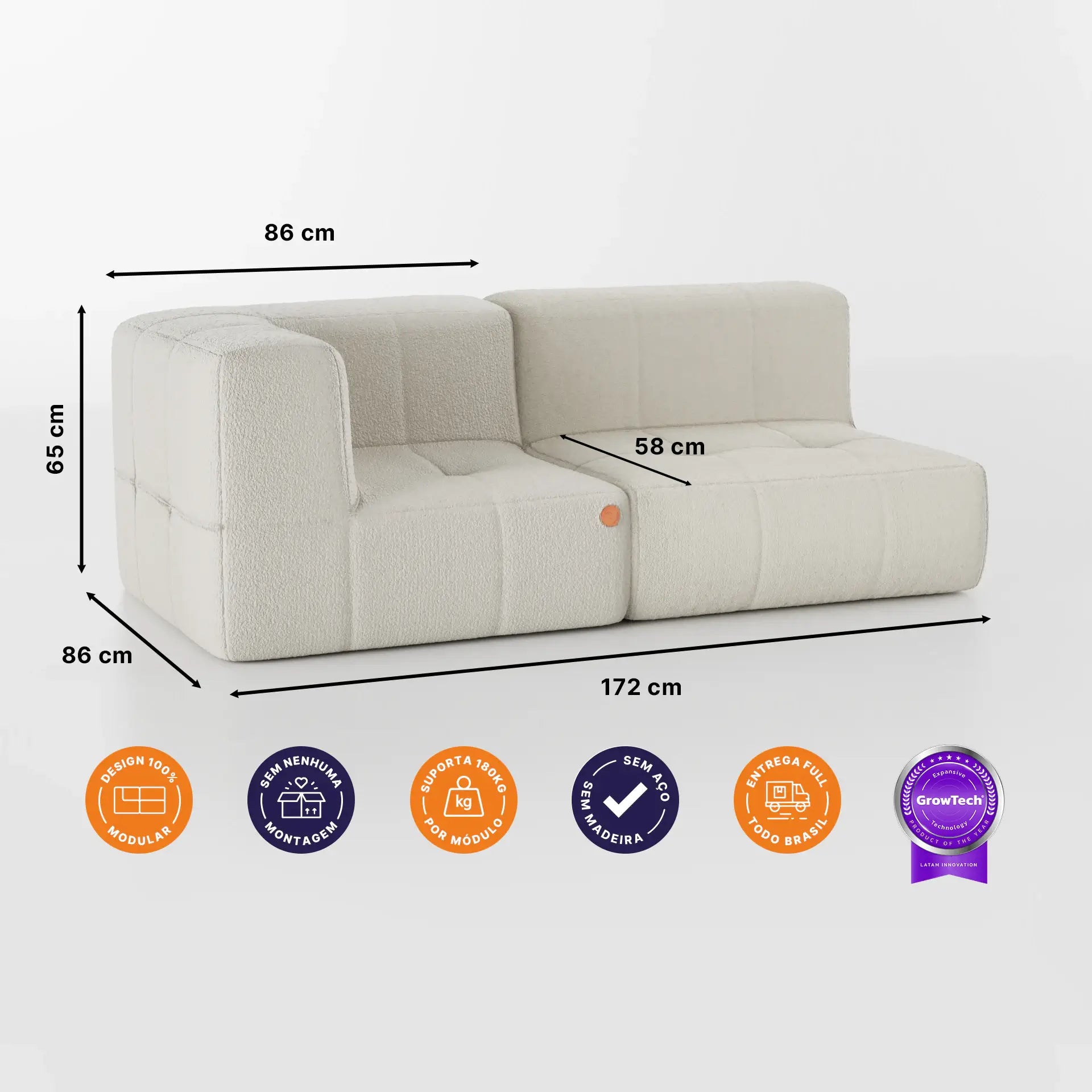 Sofá na Caixa modular 2 lugares em Boucle - 1 Braço - Linho