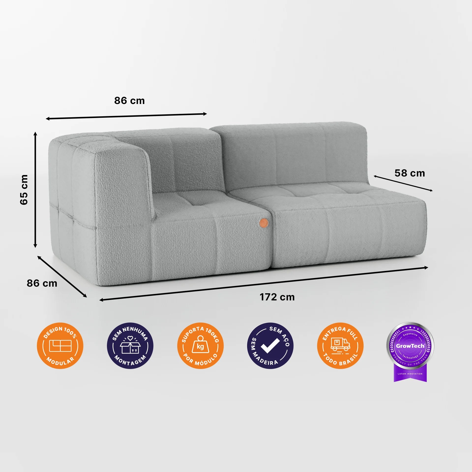 Sofá na Caixa modular 1 lugar Canto com chaise em Boucle - Cinza
