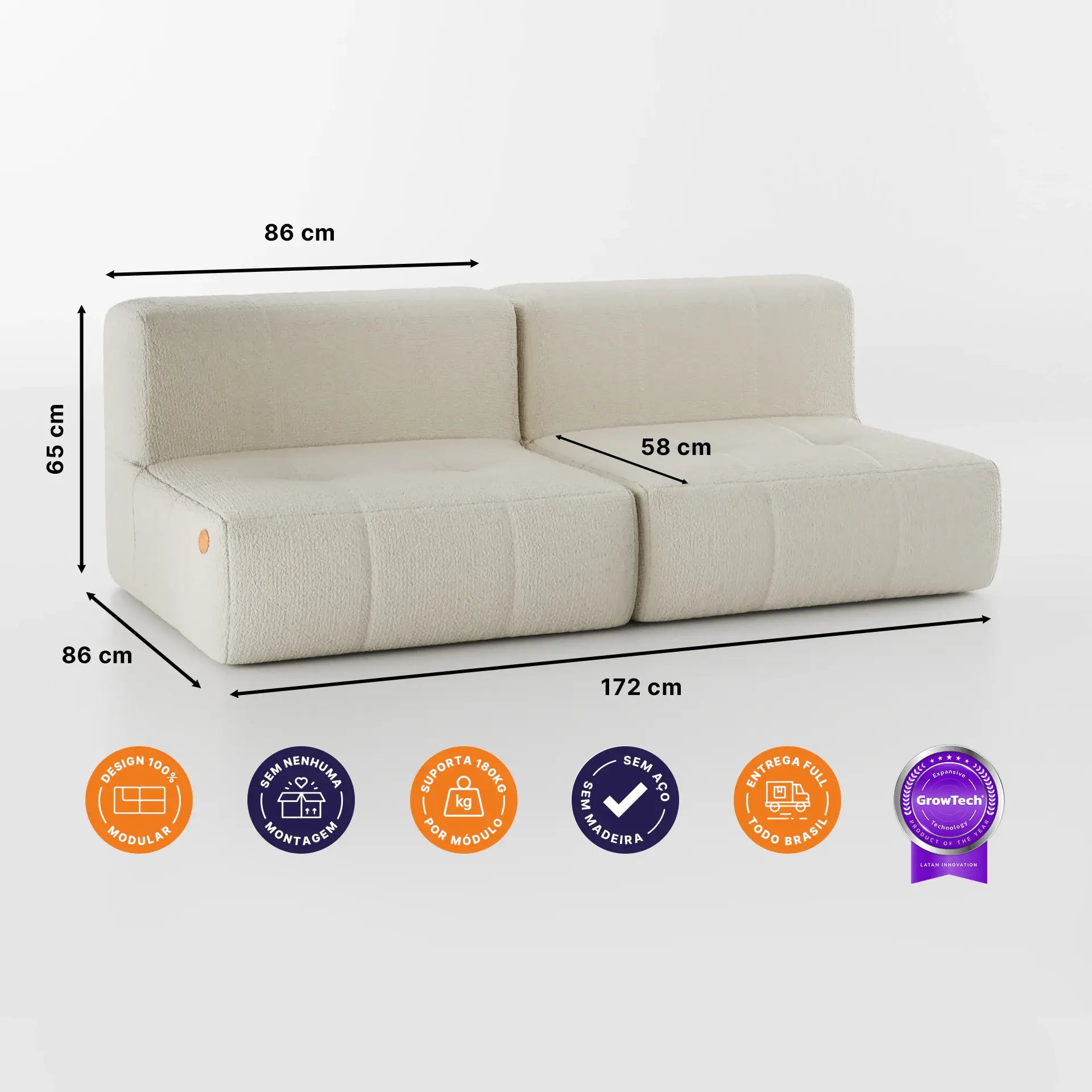 Sofá na Caixa modular 2 lugares em Boucle - Sem braço - Linho