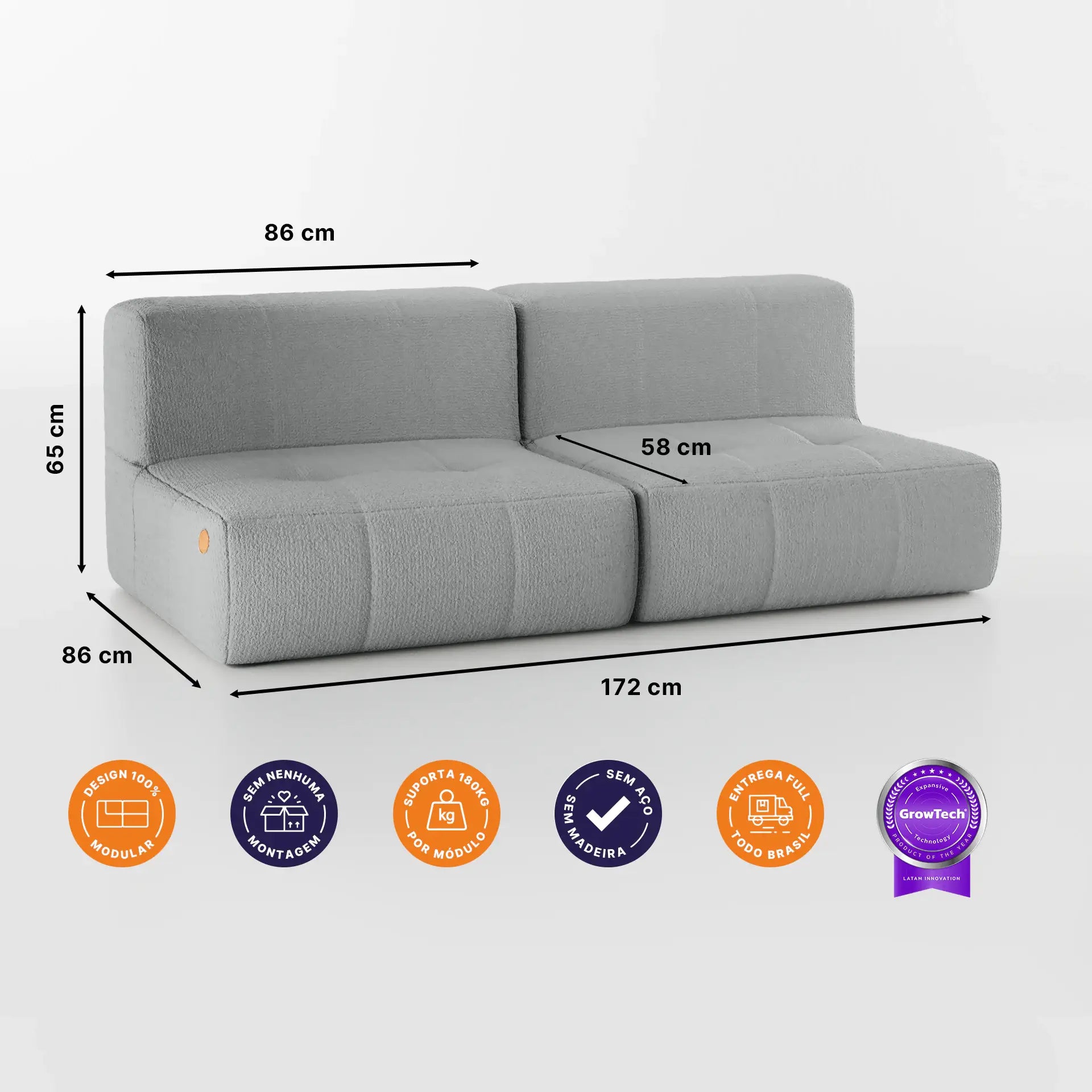 Sofá na Caixa modular 2 lugares em Boucle - 2 Poltronas com Apoio de pé - Linho