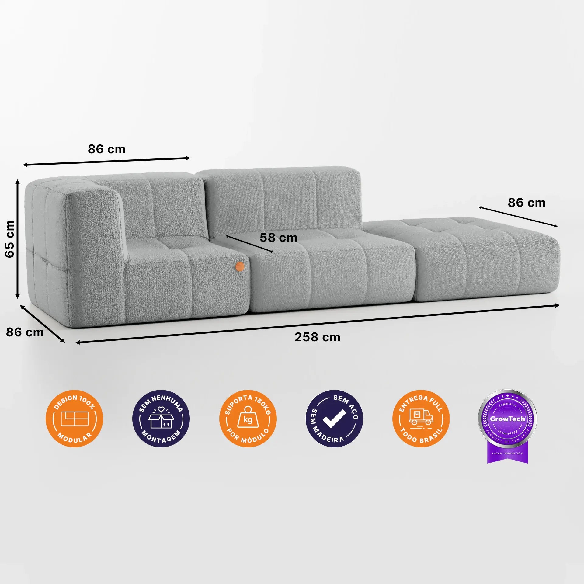 Sofá na Caixa modular 2 lugares em Boucle - 1 Braço com Apoio de pé Grátis - Cinza