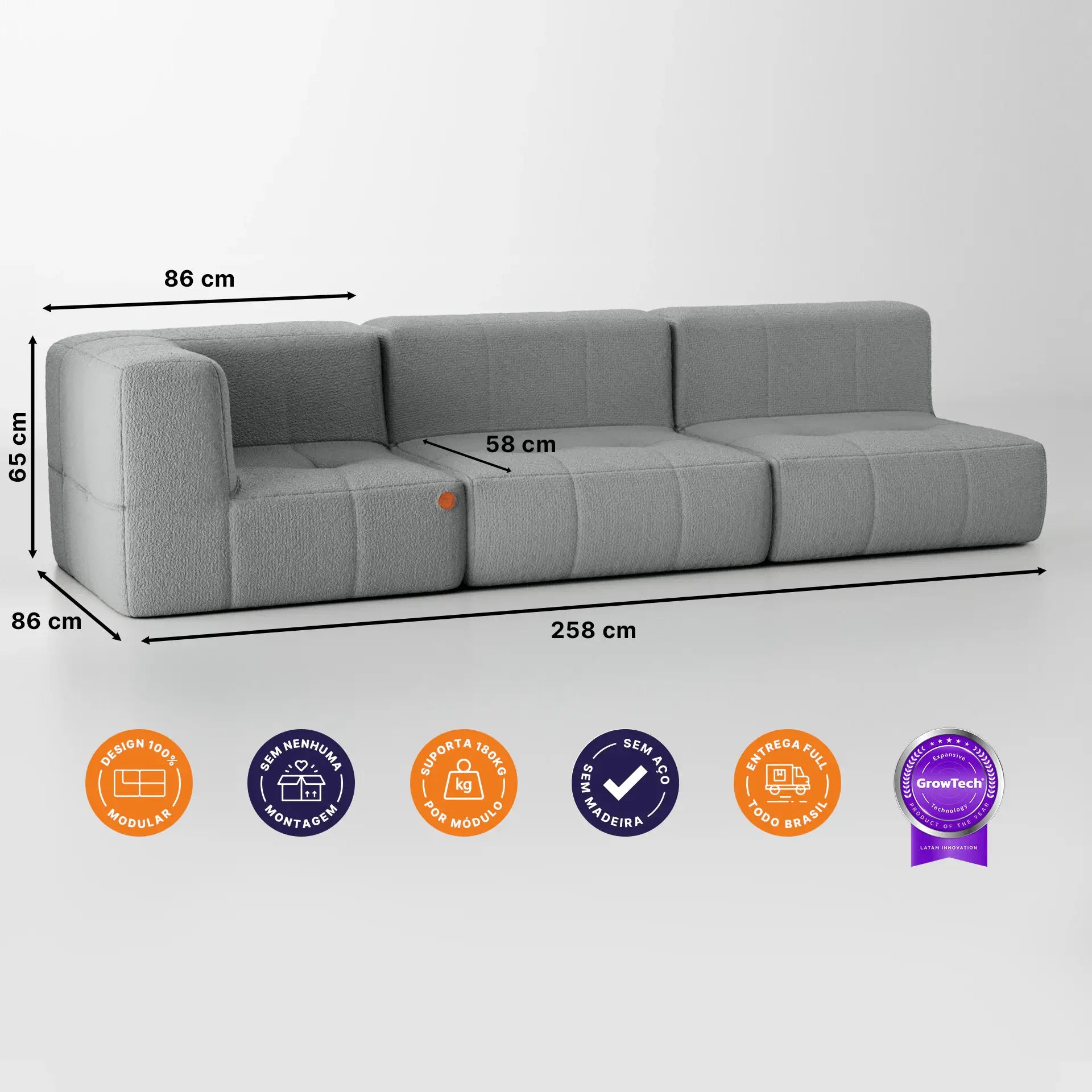 Sofá na Caixa modular 3 lugares em Boucle - 1 Braço - Cinza