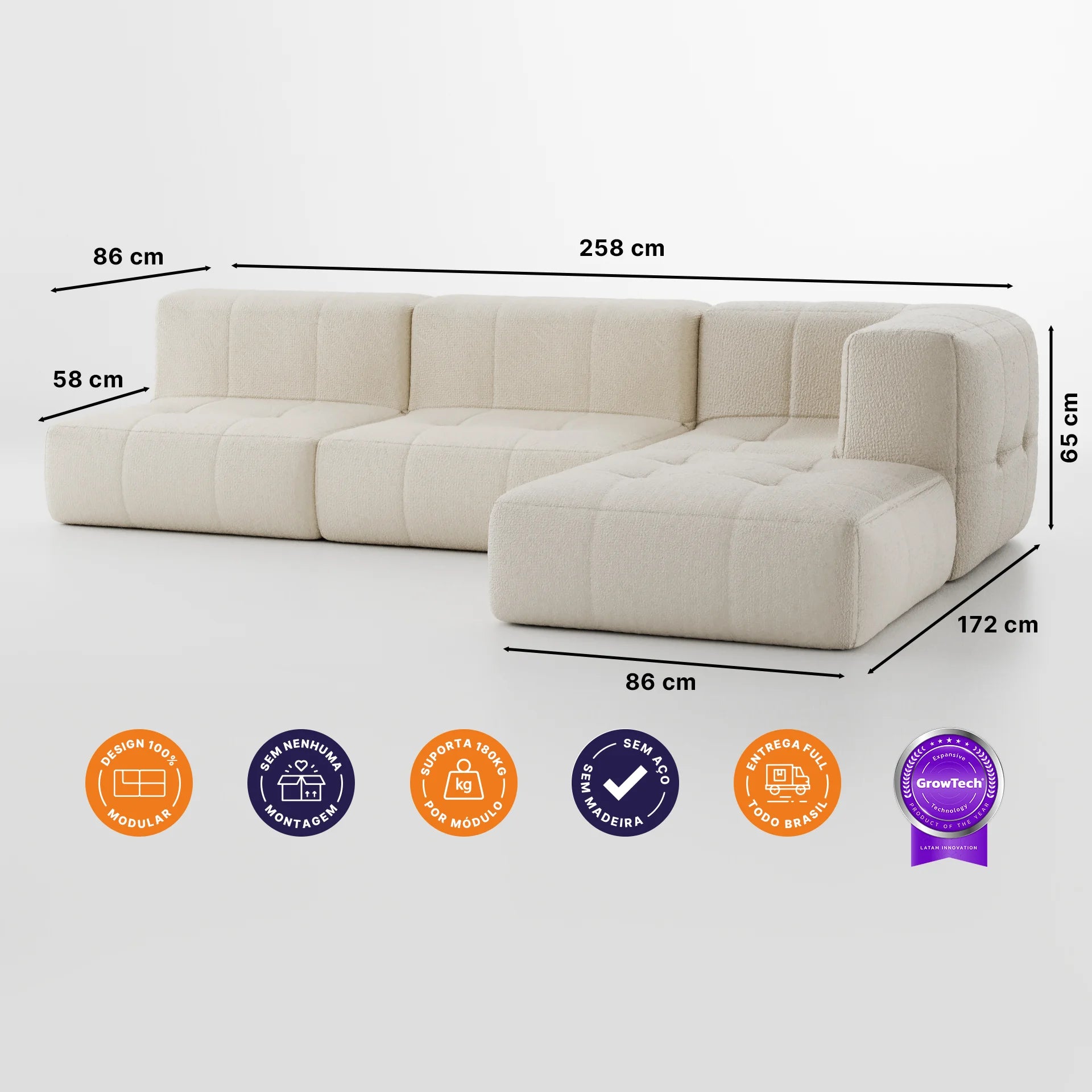 Sofá na Caixa modular 3 lugares em Boucle - 1 Braço com Chaise - Linho · medidas e dimensões