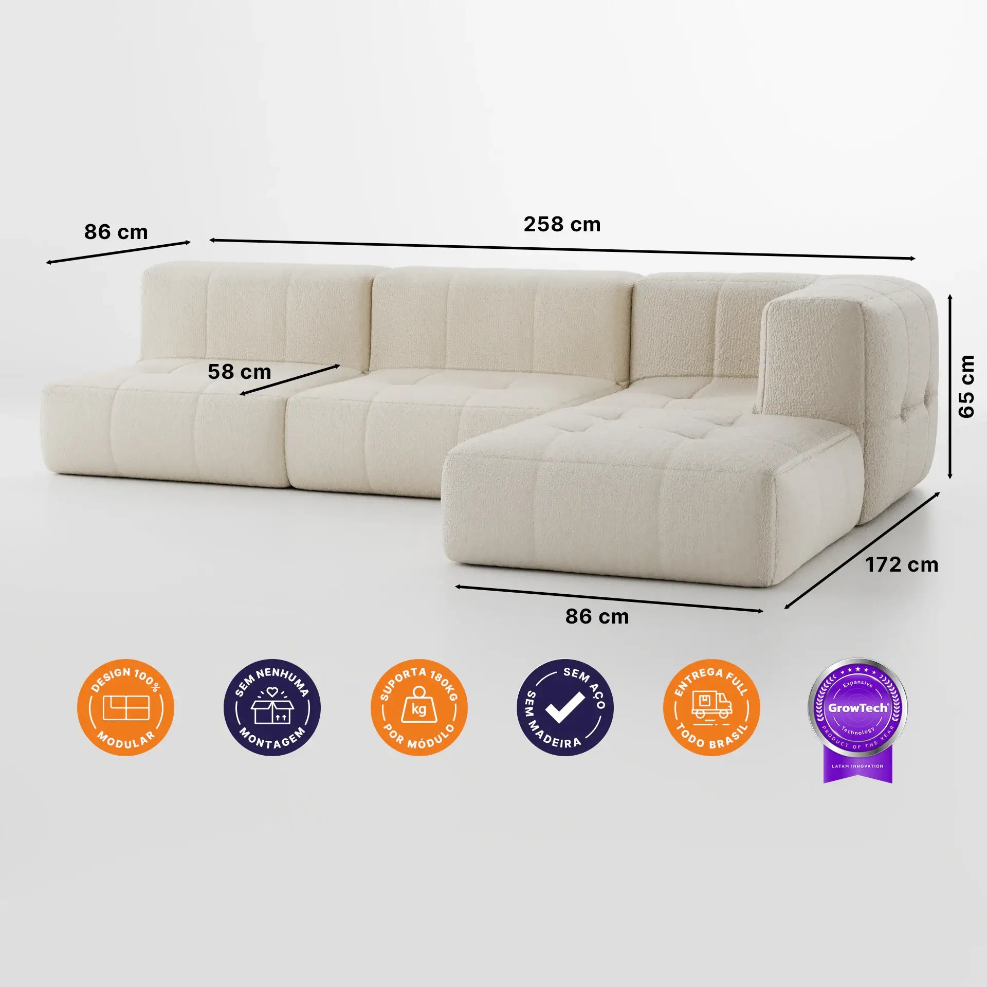 Sofá na Caixa modular 3 lugares em Boucle com Apoio de pé Grátis - Linho