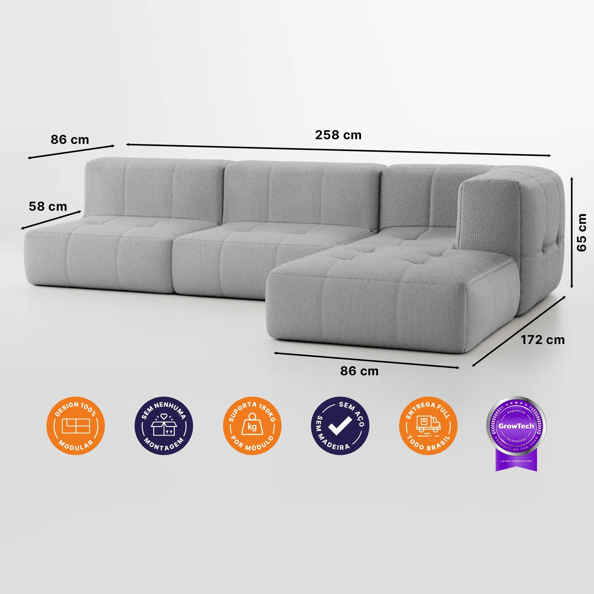 Sofá na Caixa modular 3 lugares em Boucle - 1 Braço com Chaise - Cinza Grátis