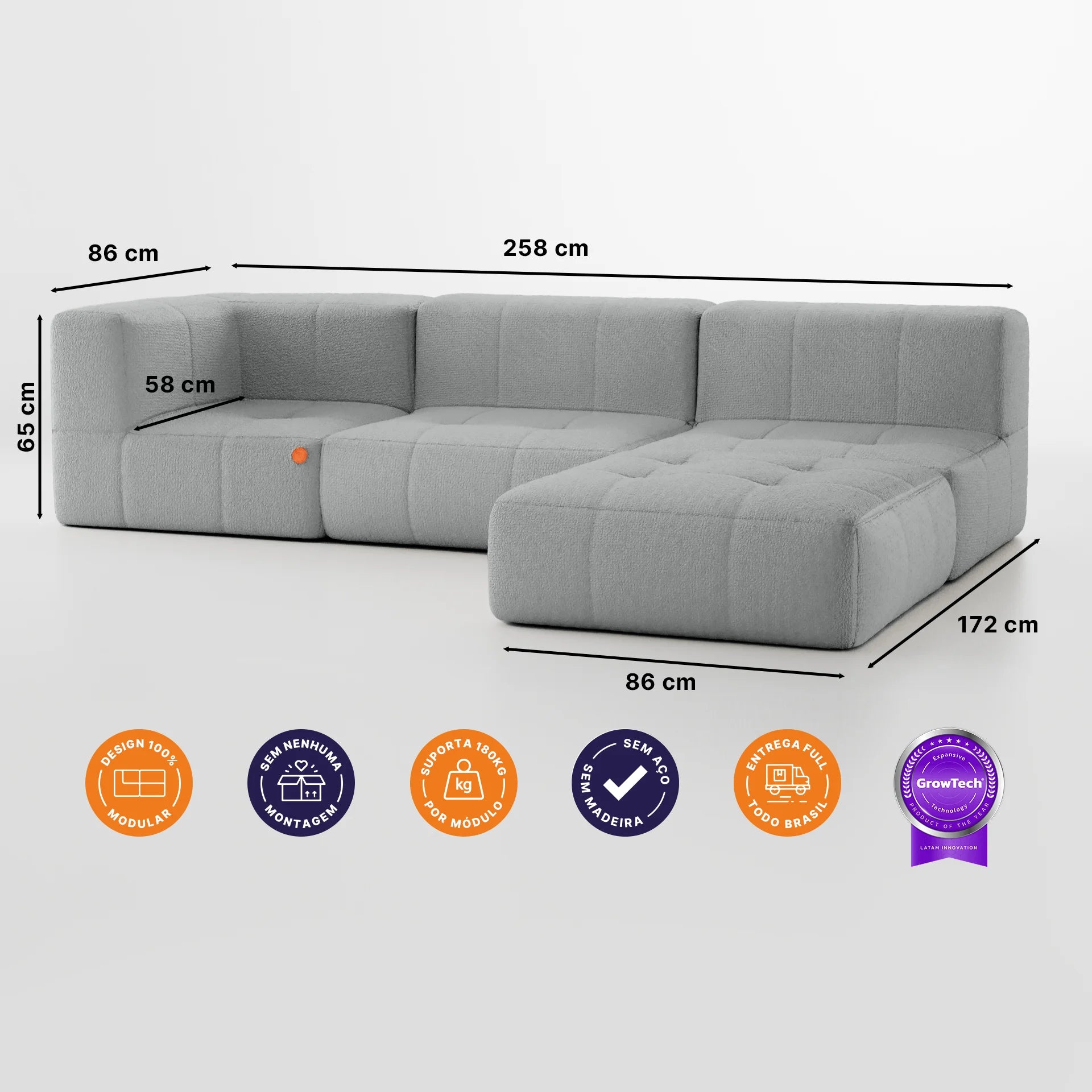 Sofá na Caixa modular 3 lugares em Boucle - 1 Braço com Chaise - Cinza