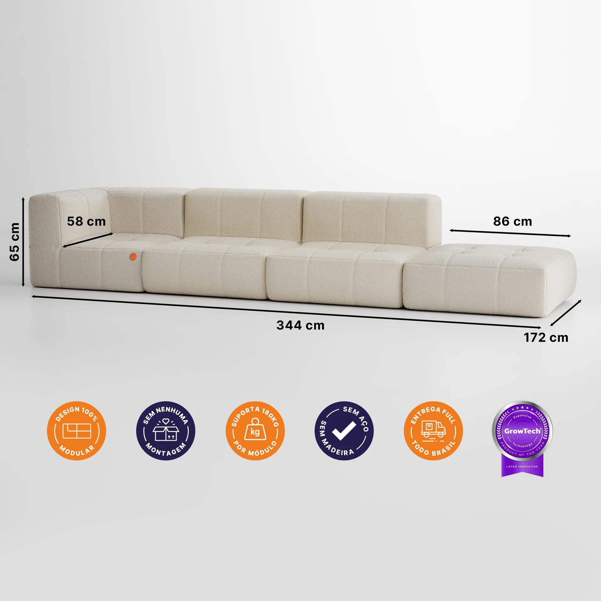 Sofá na Caixa modular 3 lugares em Boucle - 1 Braço com Chaise - Linho