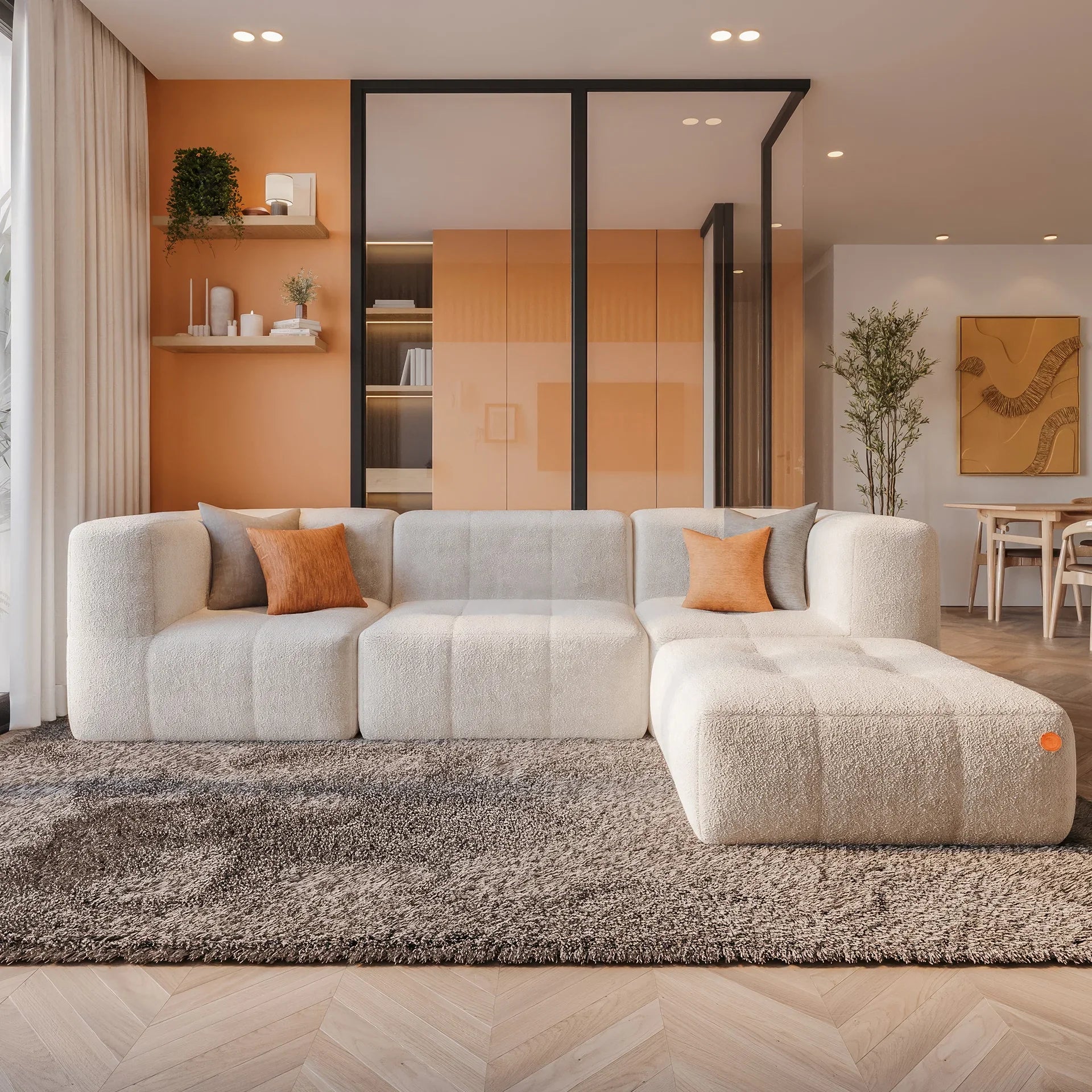 Sofá na Caixa modular 3 lugares em Boucle com Apoio de pé Grátis - Linho