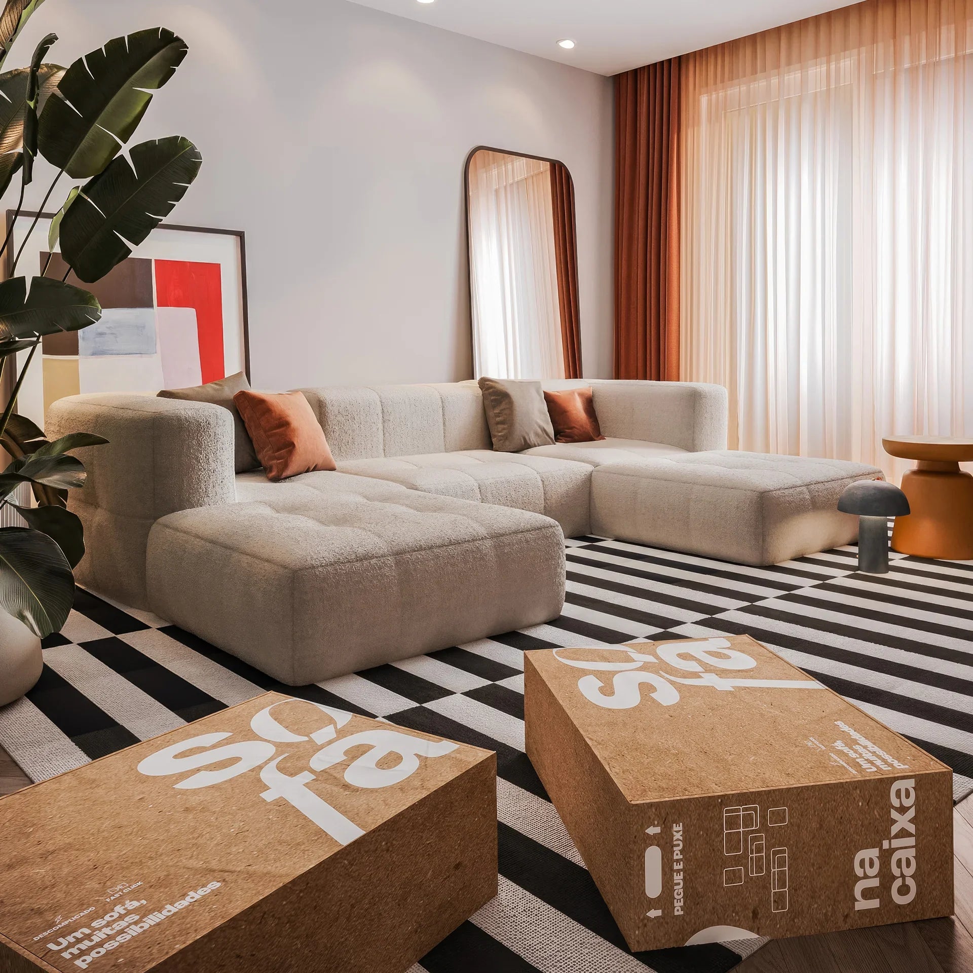 Sofá na Caixa modular 3 lugares em Boucle - 1 Braço com 2 Chaises - Linho