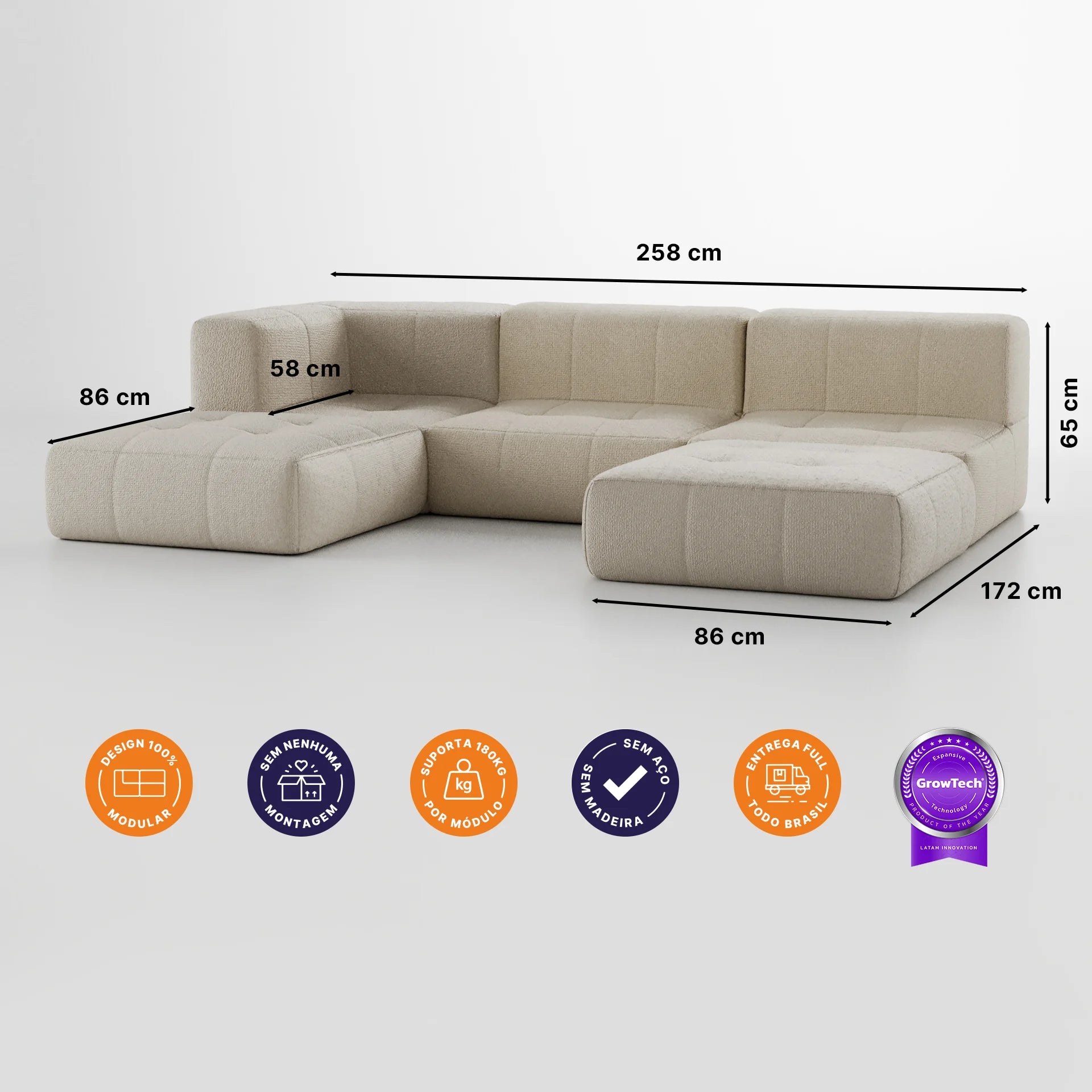 Sofá na Caixa modular 3 lugares em Boucle - 1 Braço com 2 Chaises - Linho