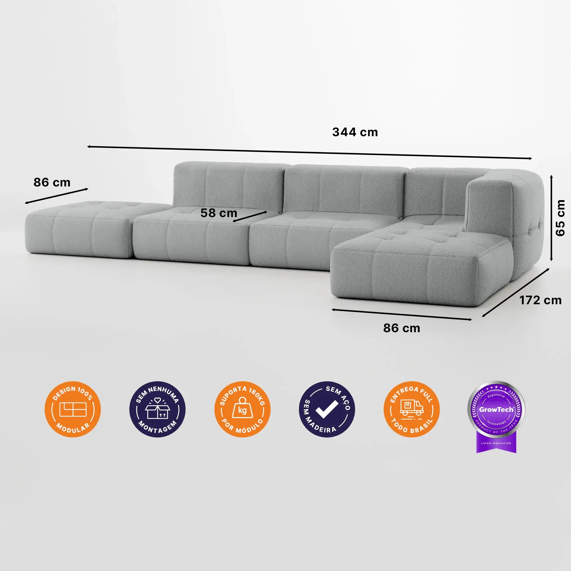 Sofá na Caixa modular 3 lugares em Boucle - 1 Braço com 2 Chaises - Cinza