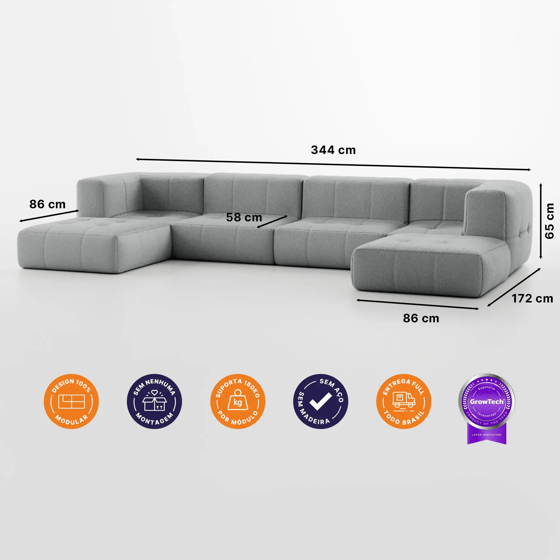 Sofá na Caixa modular 4 lugares em Boucle com 2 Chaise - Cinza