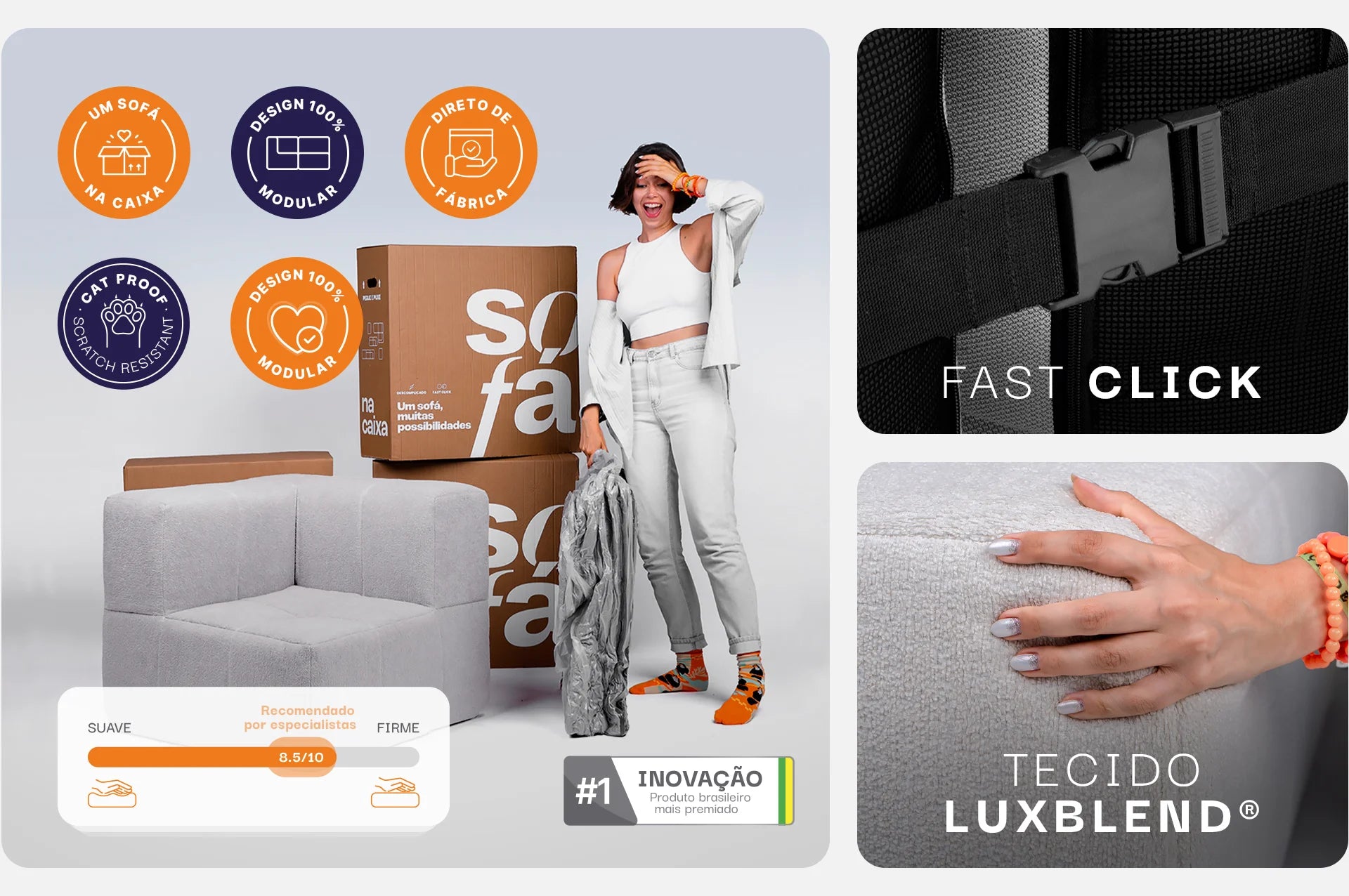 Sofá na Caixa modular 3 lugares em Boucle sem braço com chaise - Linho