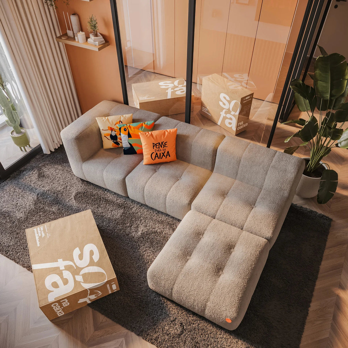 Sala com sofá modular Sofá na Caixa montado, tema do guia de prazo de entrega