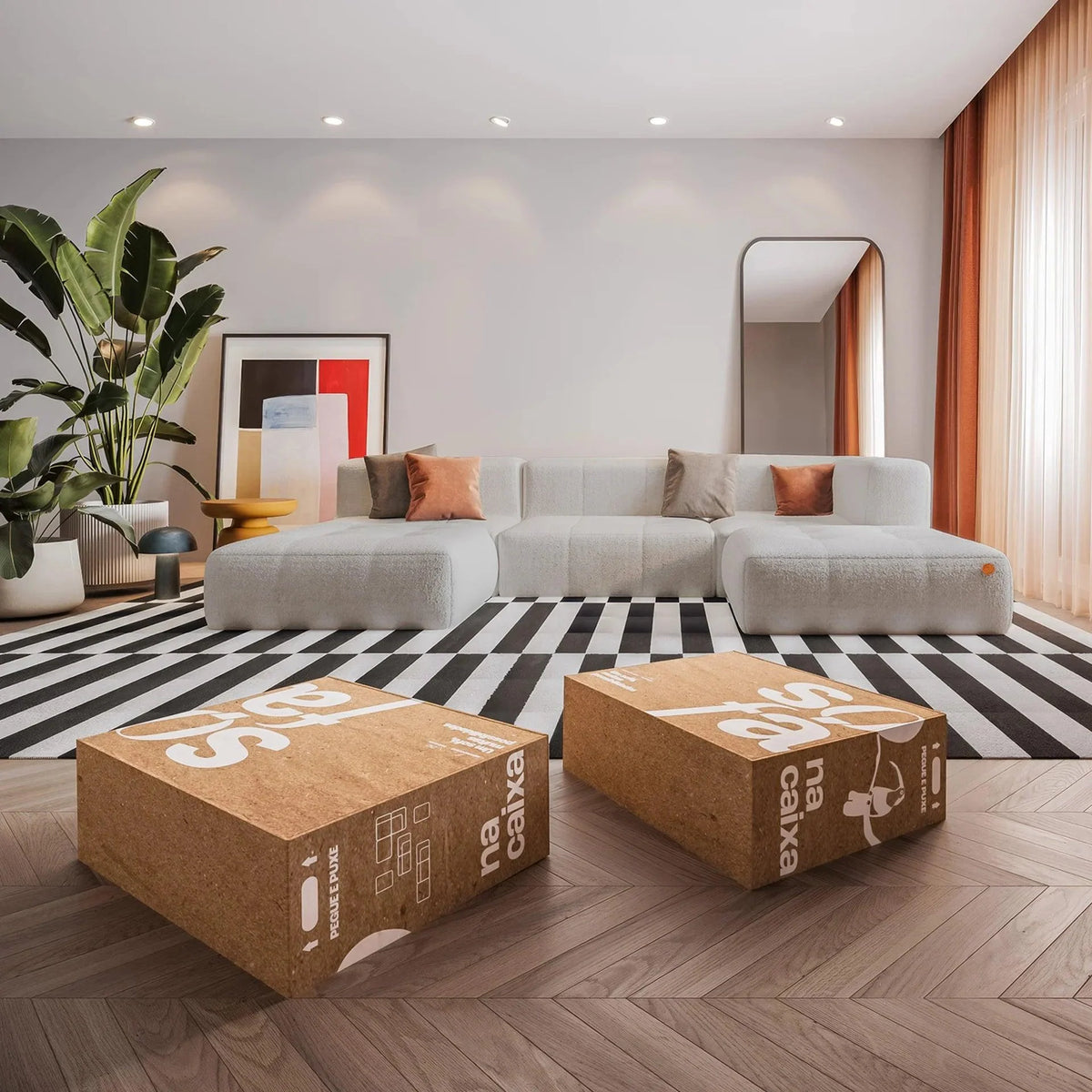 Sala de primeiro apartamento mobiliada com sofá modular e puffs
