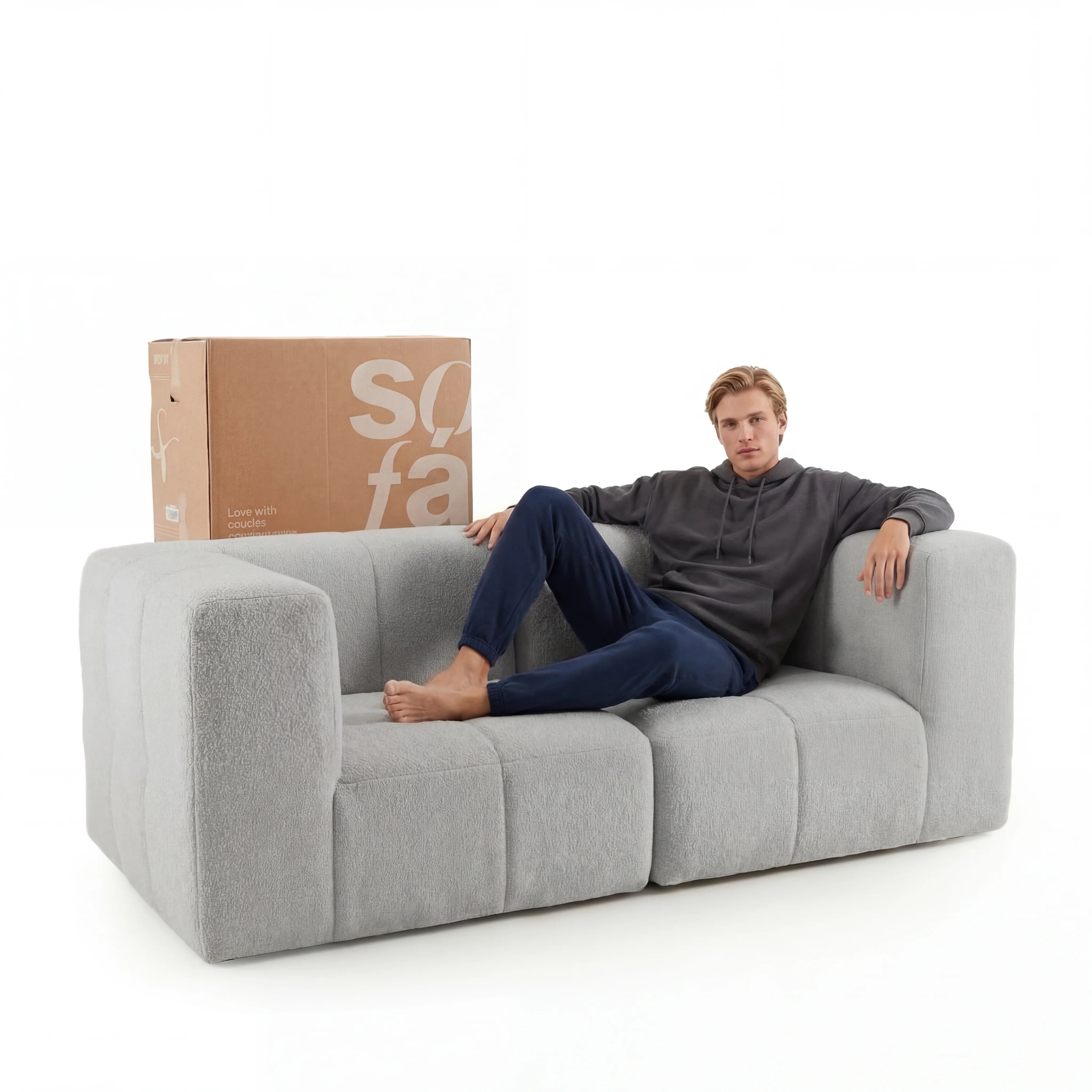 Sofá na Caixa modular 2 lugares em Boucle - Cinza