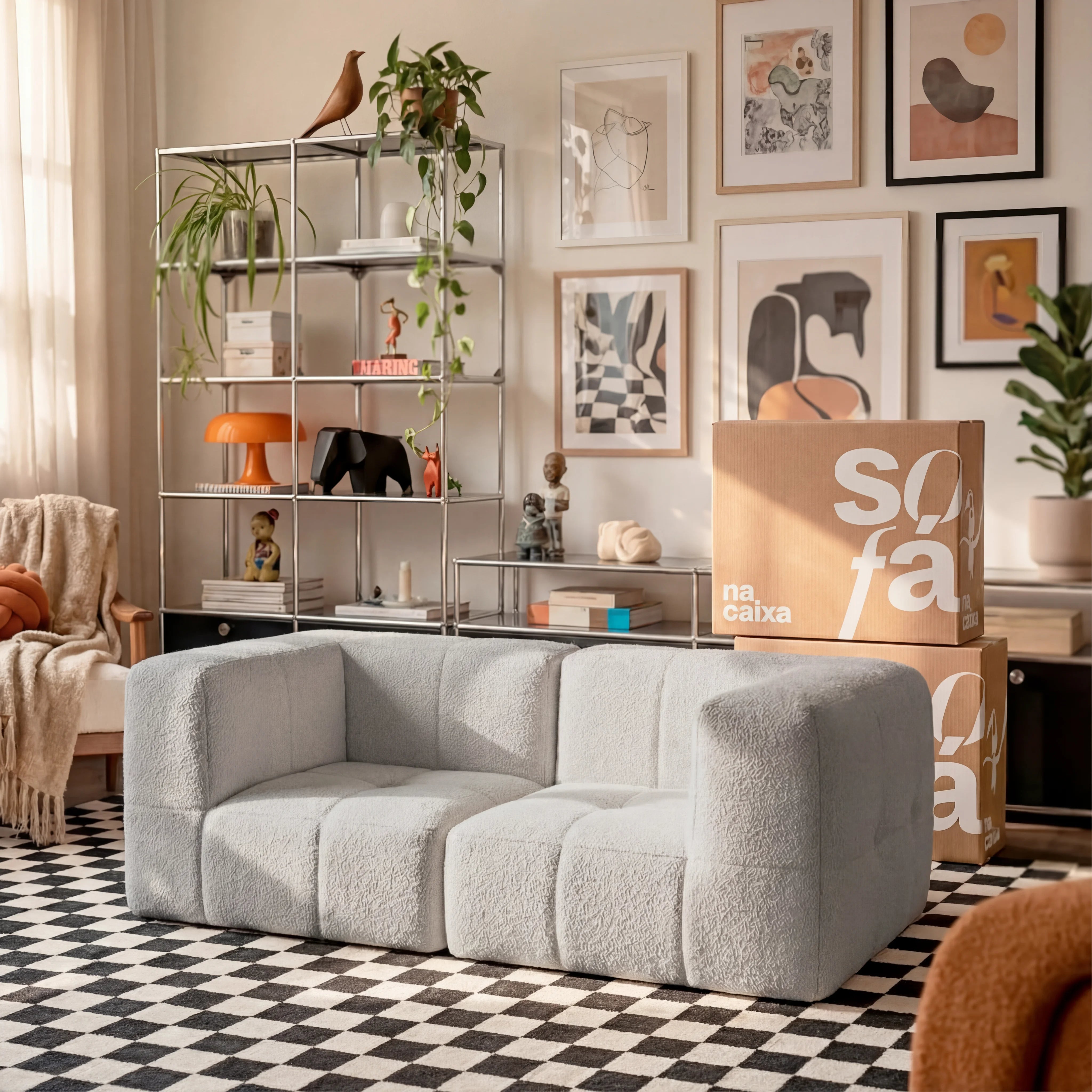 Sofá na Caixa modular 2 lugares em Boucle - Cinza