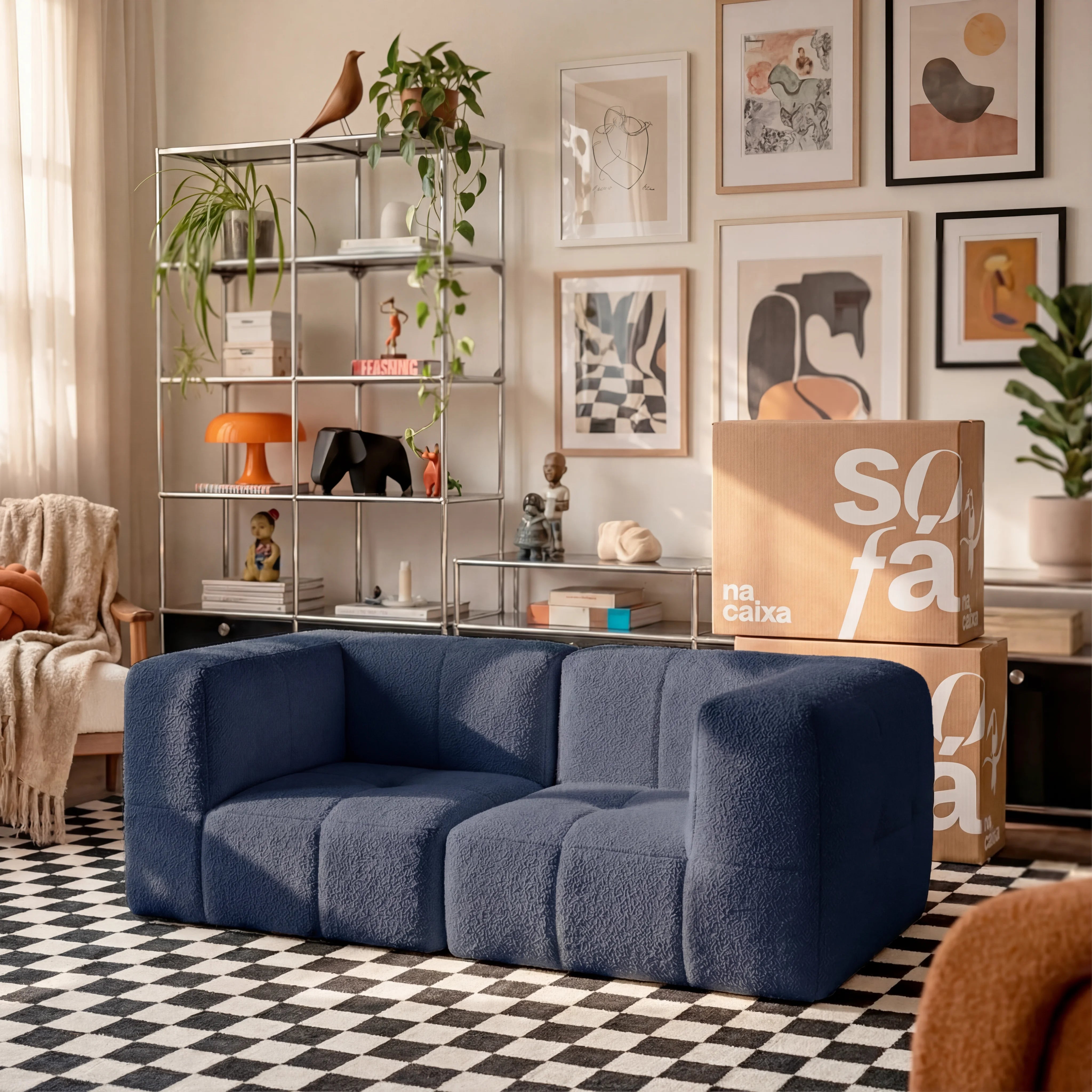 Sofá na Caixa modular 2 lugares em Boucle - Azul