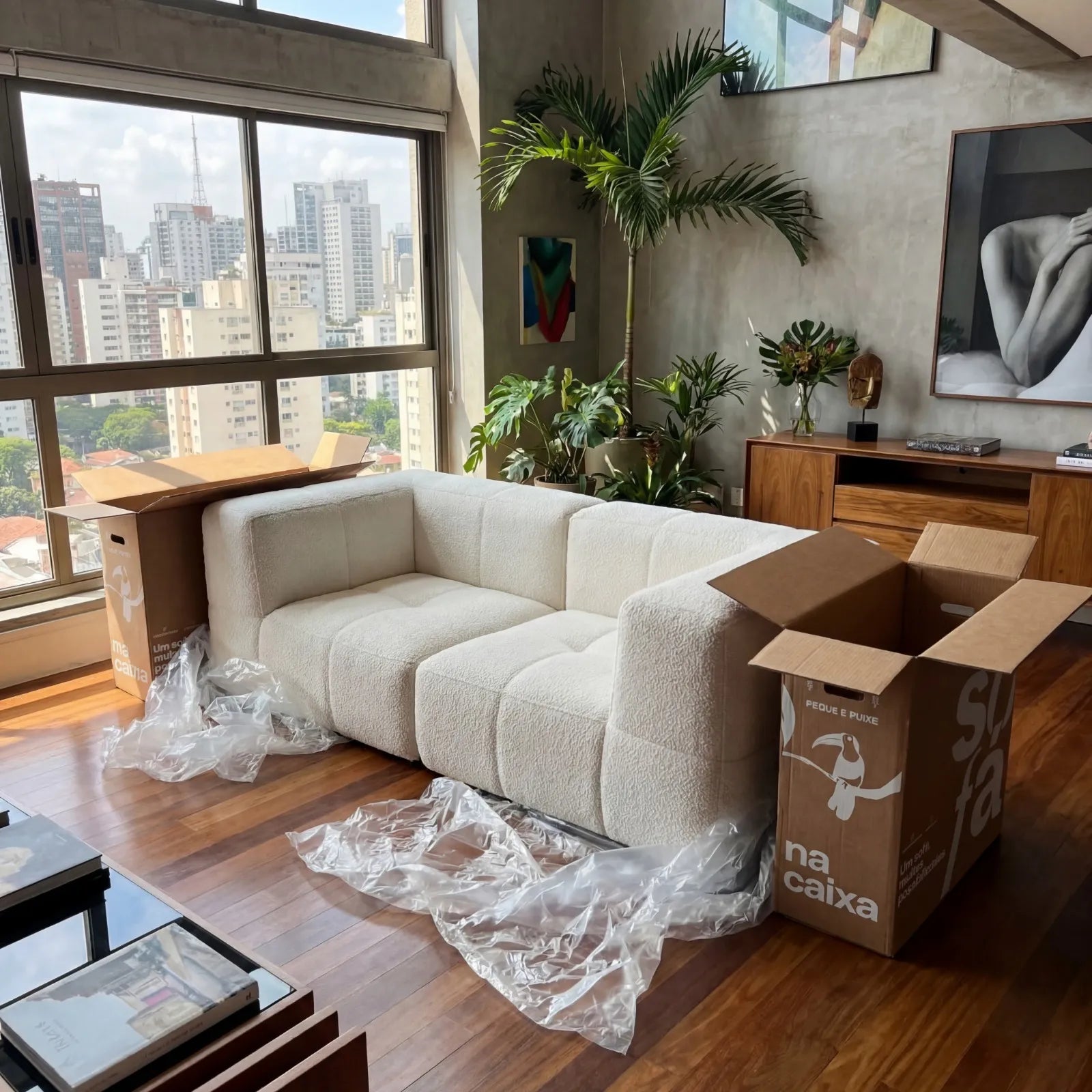 Sofá na Caixa modular 2 lugares em Boucle - Linho