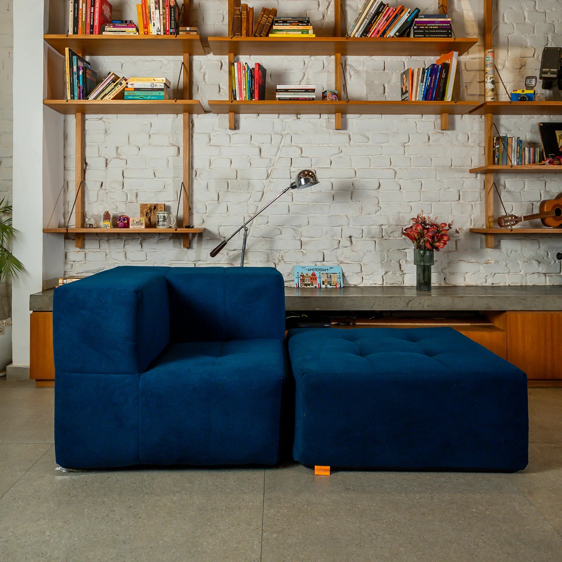 Sofá na Caixa modular 1 lugar Canto com chaise em Boucle - Azul